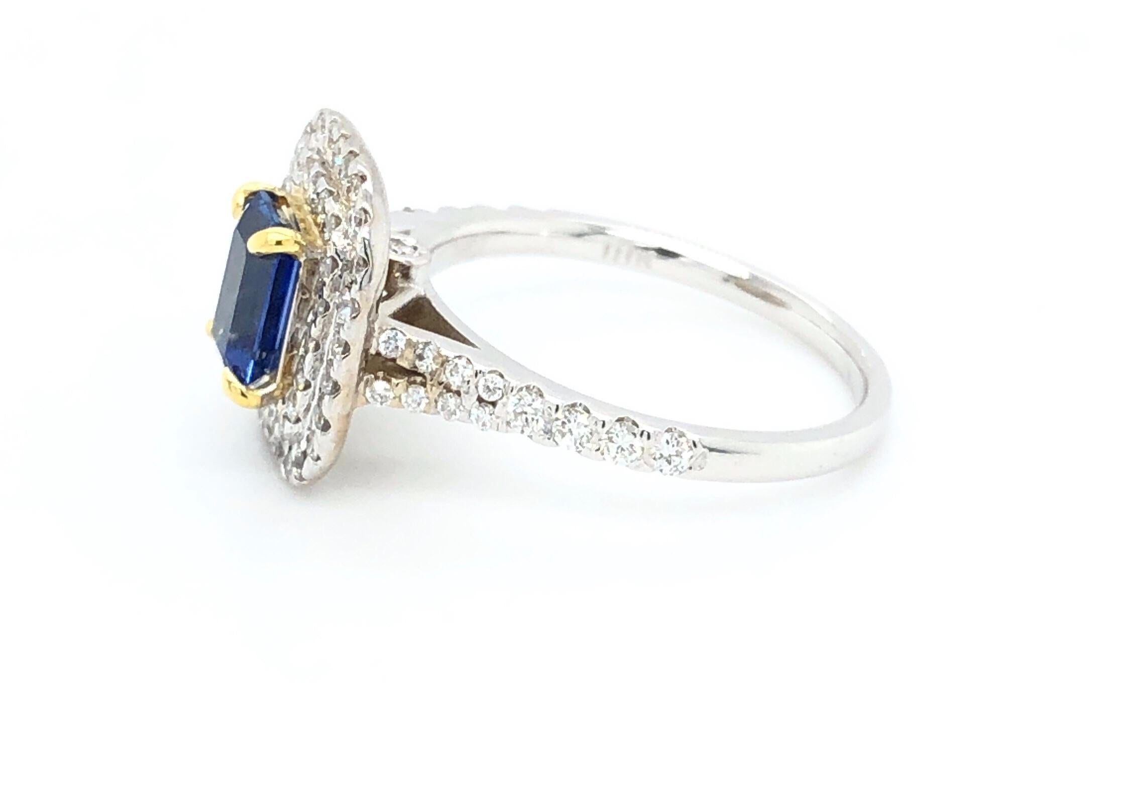 Offered here is a classic sapphire & diamonds ring set in two ( 2 ) tone 18kt gold. The ring is simple and elegant at the same time. The ring measures about 0.50 x 0.50 mm on top and the shank graduates down from 2.8 mm down to 1.6 mm on the bottom