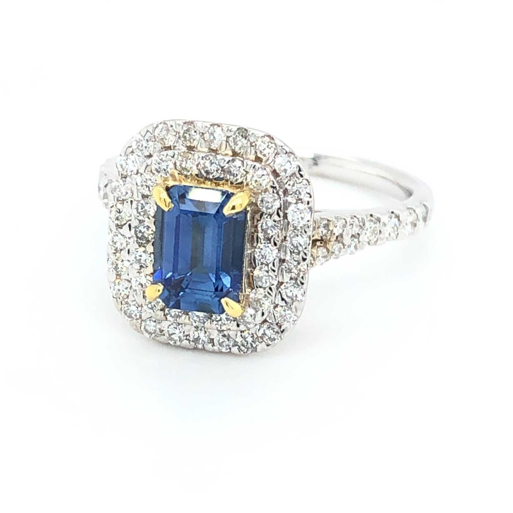 Emerald Cut Fine Blue Sapphire and Diamond Ring 18 Karat Gold