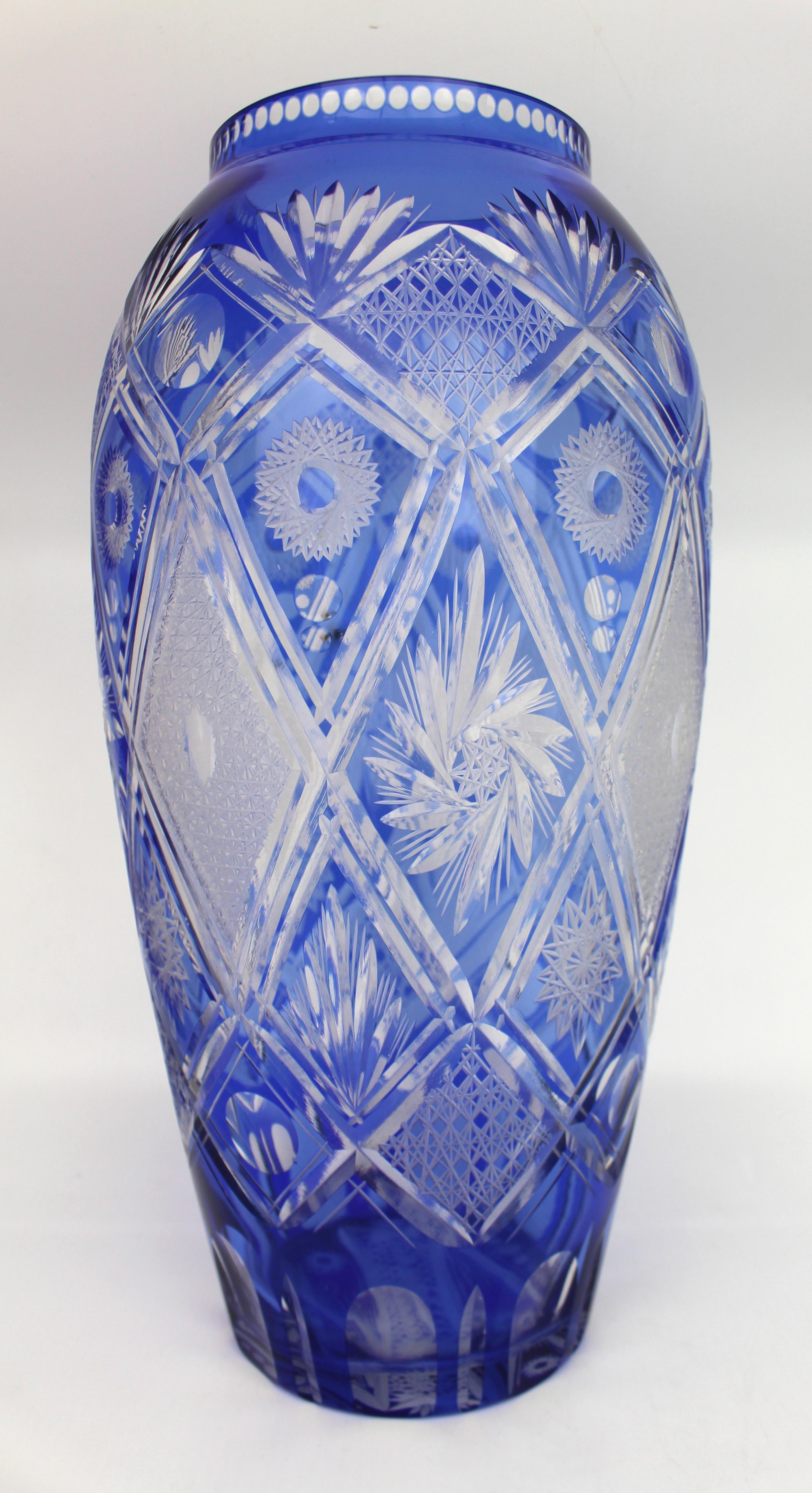European Fine Bohemian Blue Overlay Crystal Baluster Vase