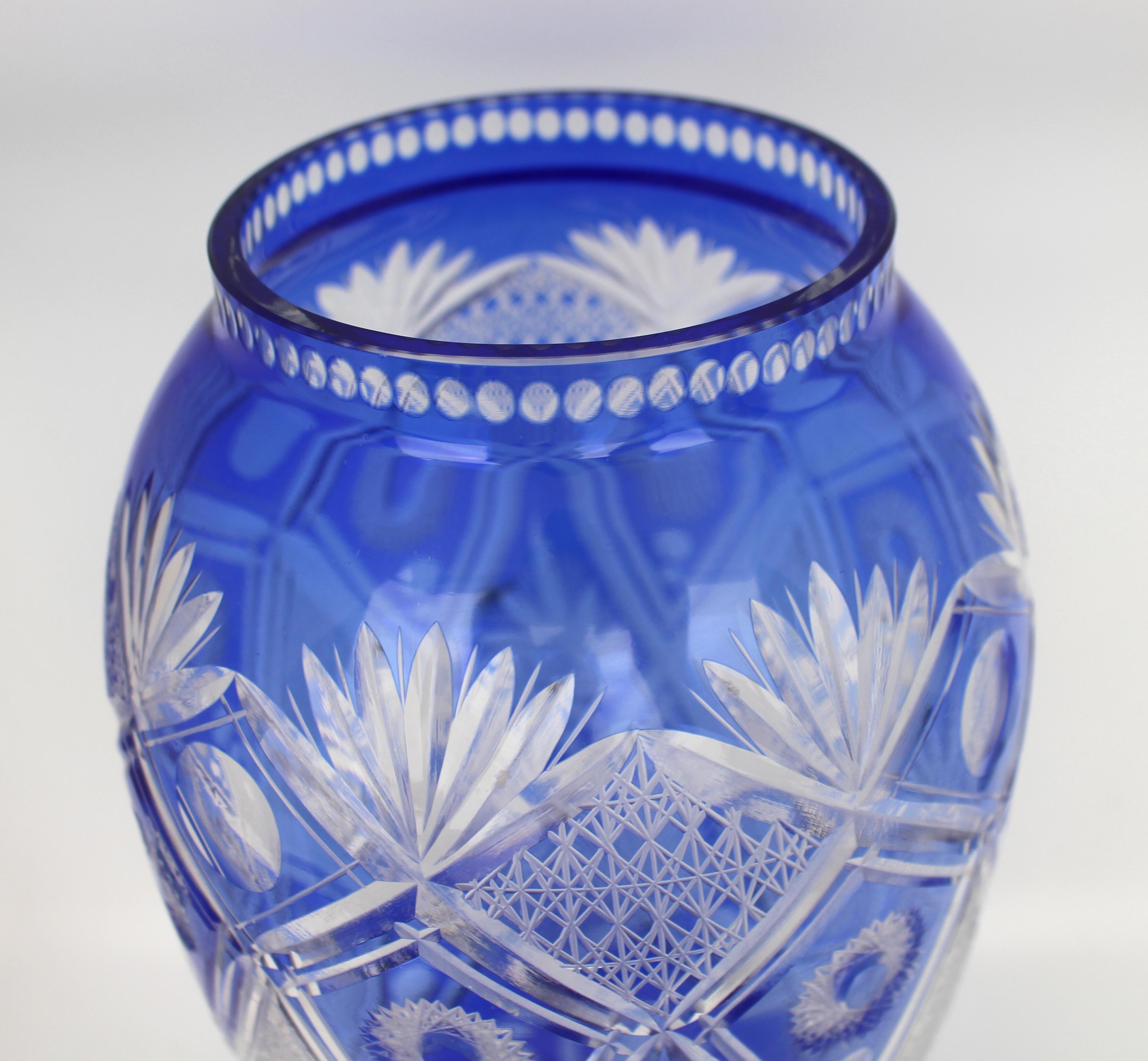 Fine Bohemian Blue Overlay Crystal Baluster Vase In Good Condition In Worcester, GB