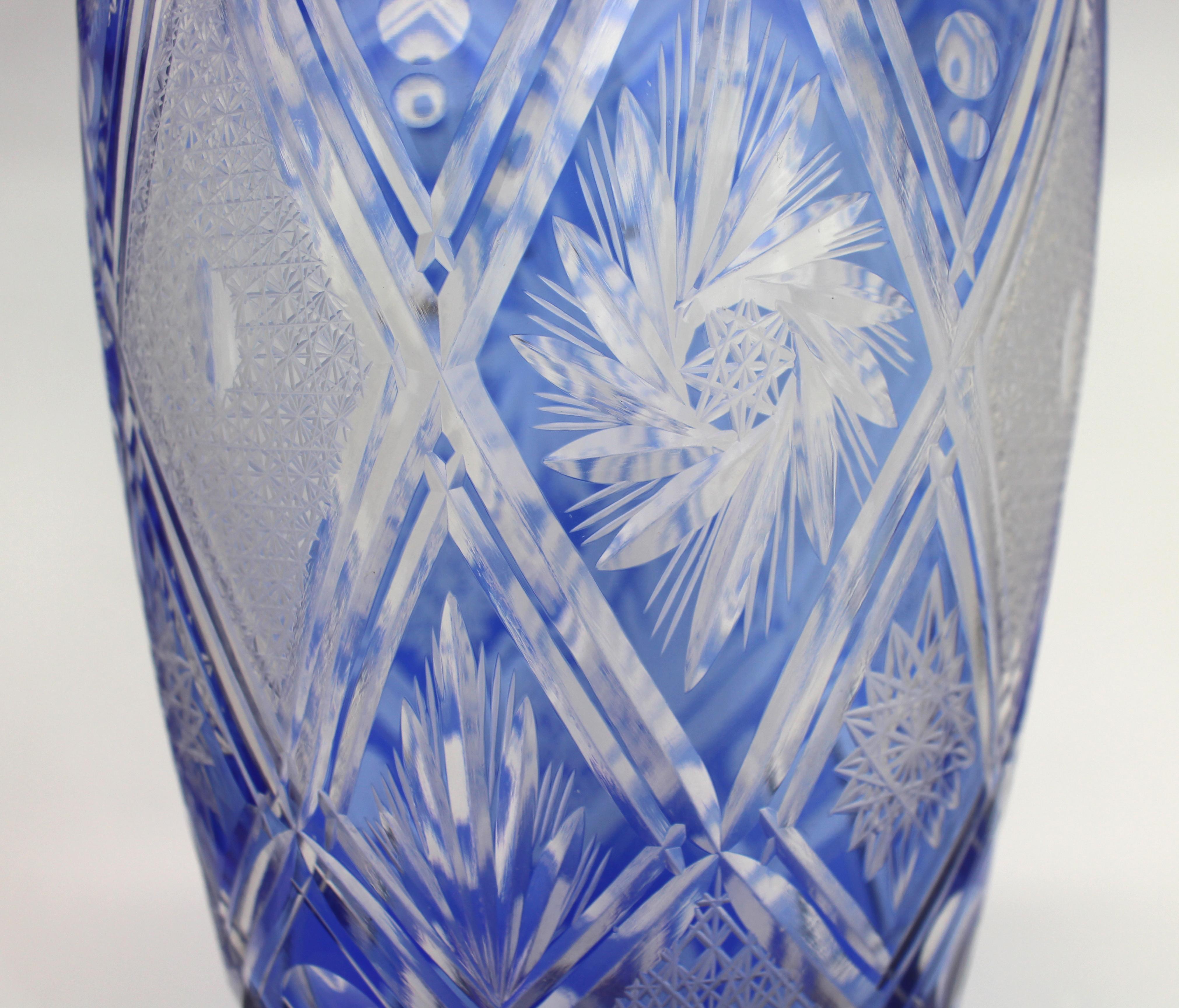 20th Century Fine Bohemian Blue Overlay Crystal Baluster Vase