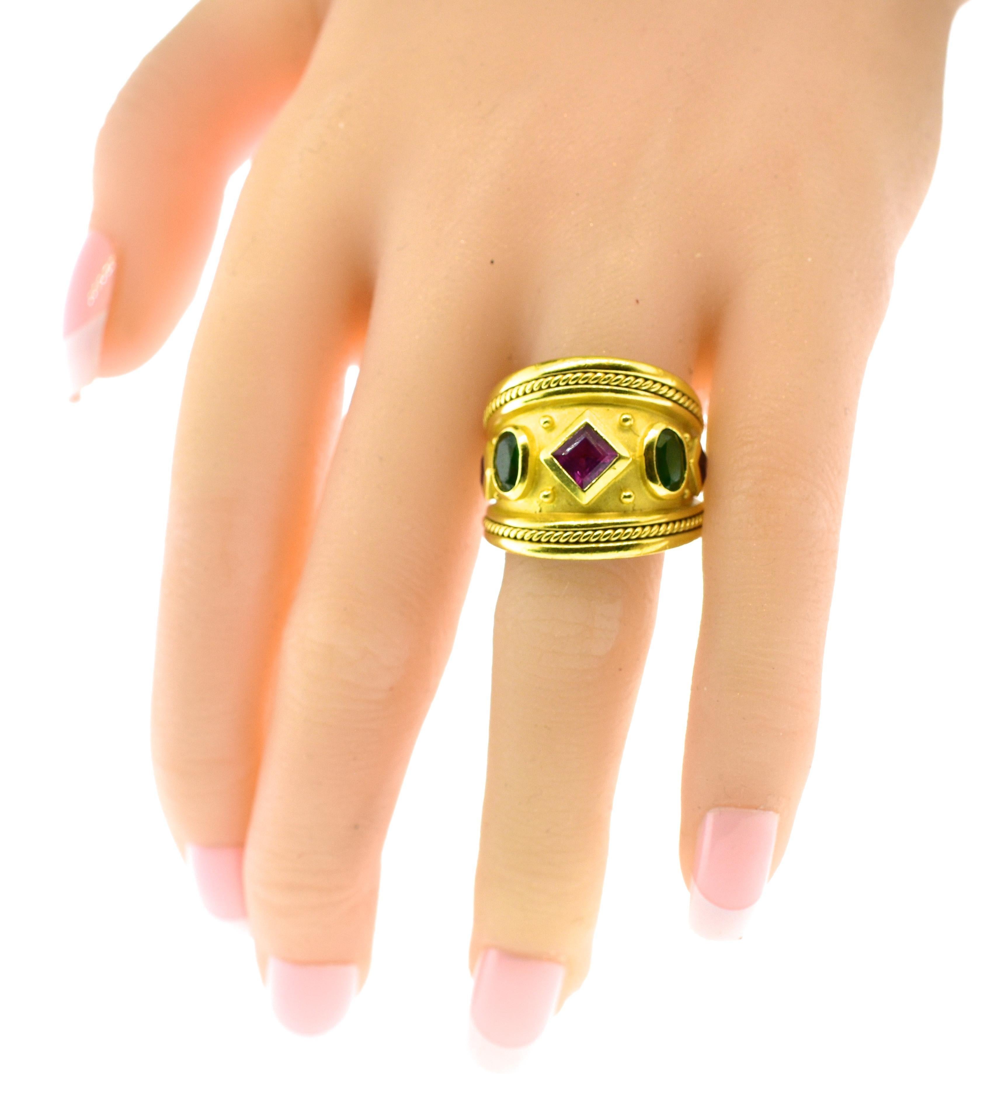 Contemporary Fine Bold Byzantine Motif 18K Tourmaline and Amethyst Vintage Ring For Sale