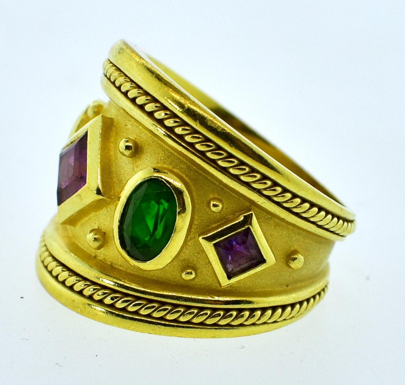 Oval Cut Fine Bold Byzantine Motif 18K Tourmaline and Amethyst Vintage Ring For Sale