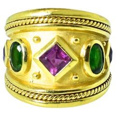 Fine Bold Byzantine Motif 18K Tourmaline and Amethyst Vintage Ring