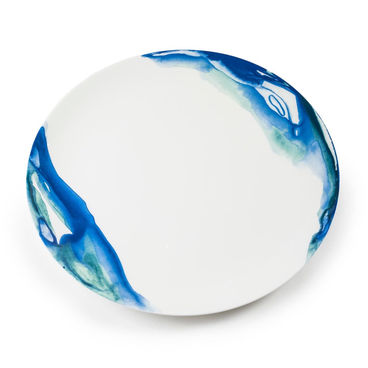 Modern Fine Bone China Dinner Plate, Organic Shapes and Delicate Watercolour Techniques For Sale