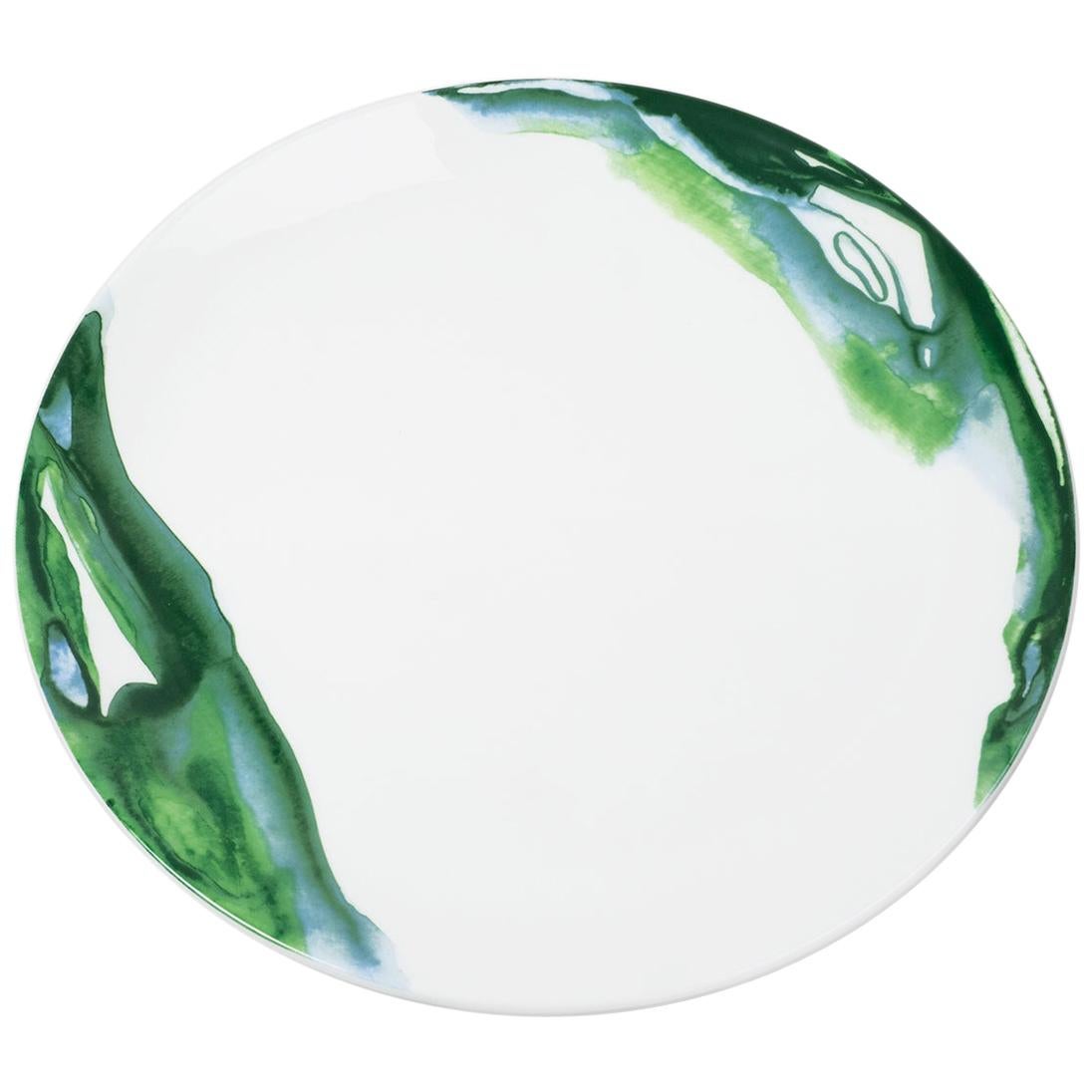 Fine Bone China Dinner Plate with Organic Shapes and Delicate Green Colors For Sale