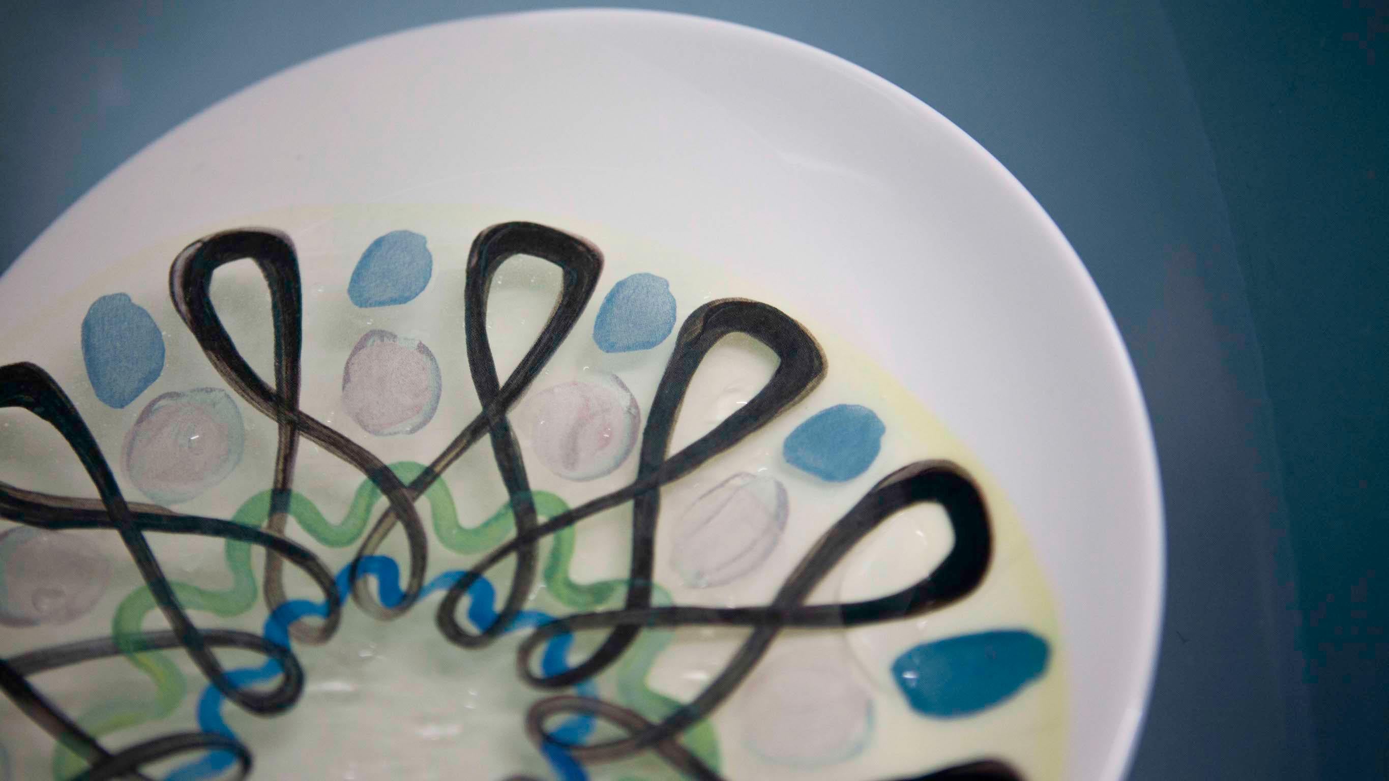 Modern Fine Bone China Salad Plate with Sculptural Pink Swirl Design For Sale