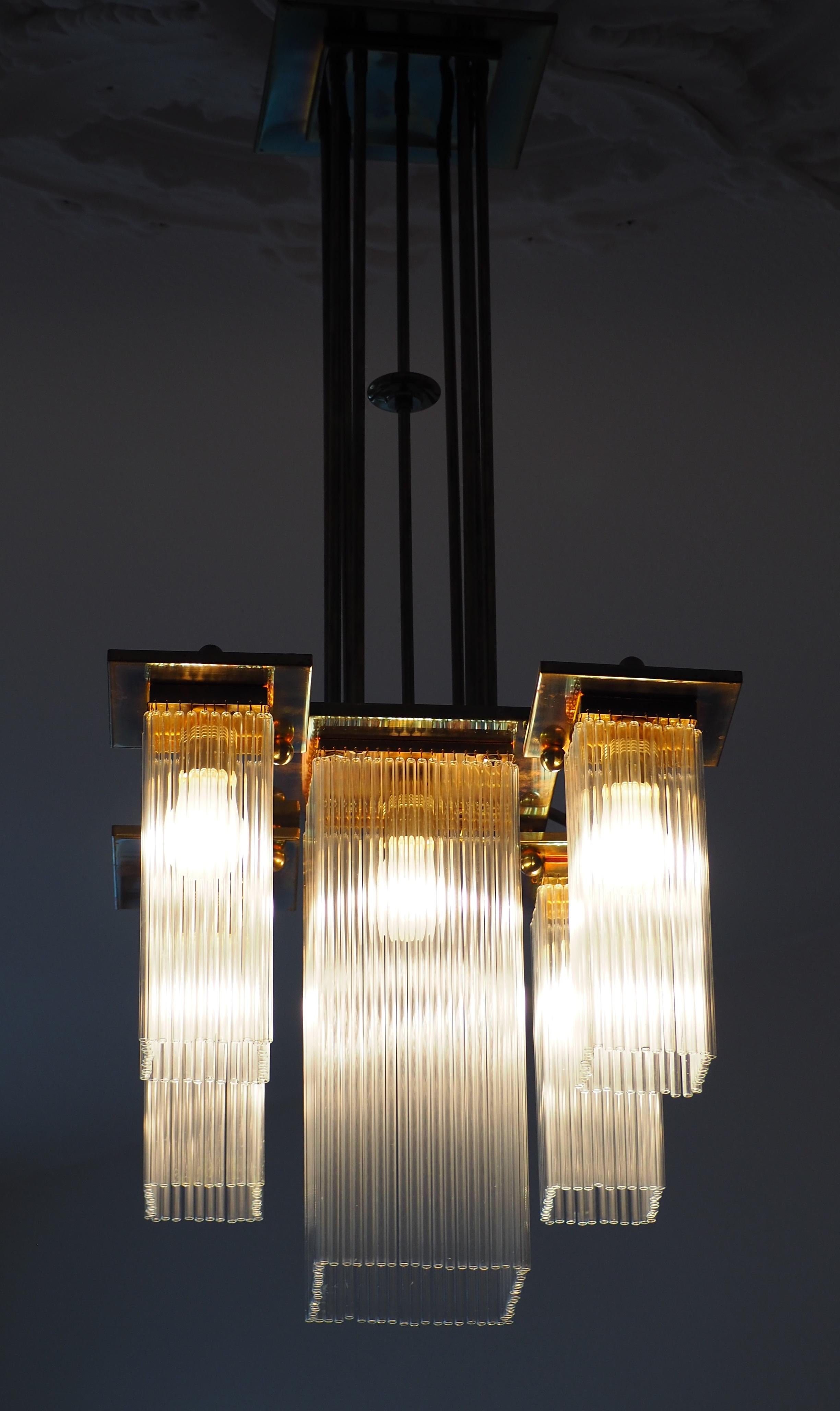 Fine Brass and Glass Chandelier from Vienna, Koloman Moser, Otto Wagner Style 4