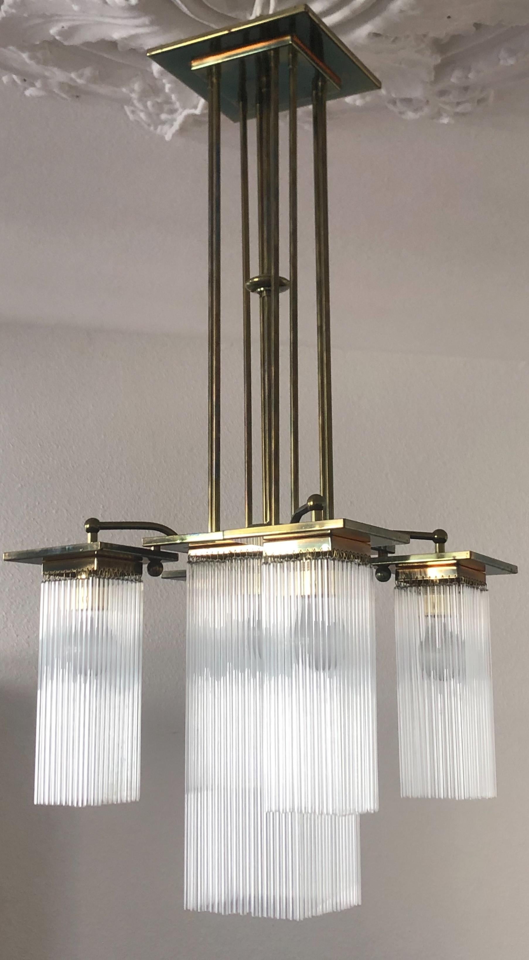 Jugendstil Fine Brass and Glass Chandelier from Vienna, Koloman Moser, Otto Wagner Style