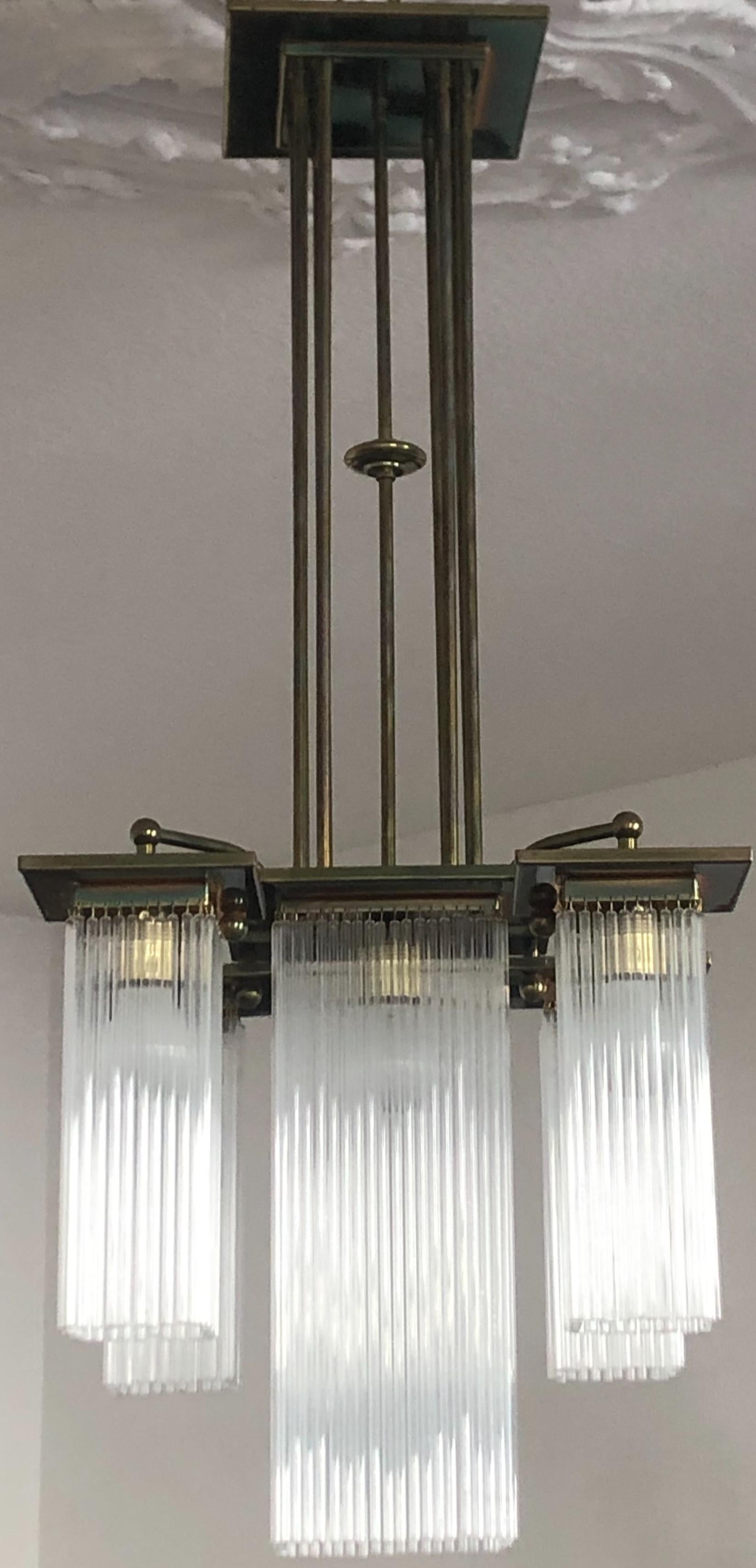 Fine Brass and Glass Chandelier from Vienna, Koloman Moser, Otto Wagner Style In Excellent Condition In Wiesbaden, Hessen