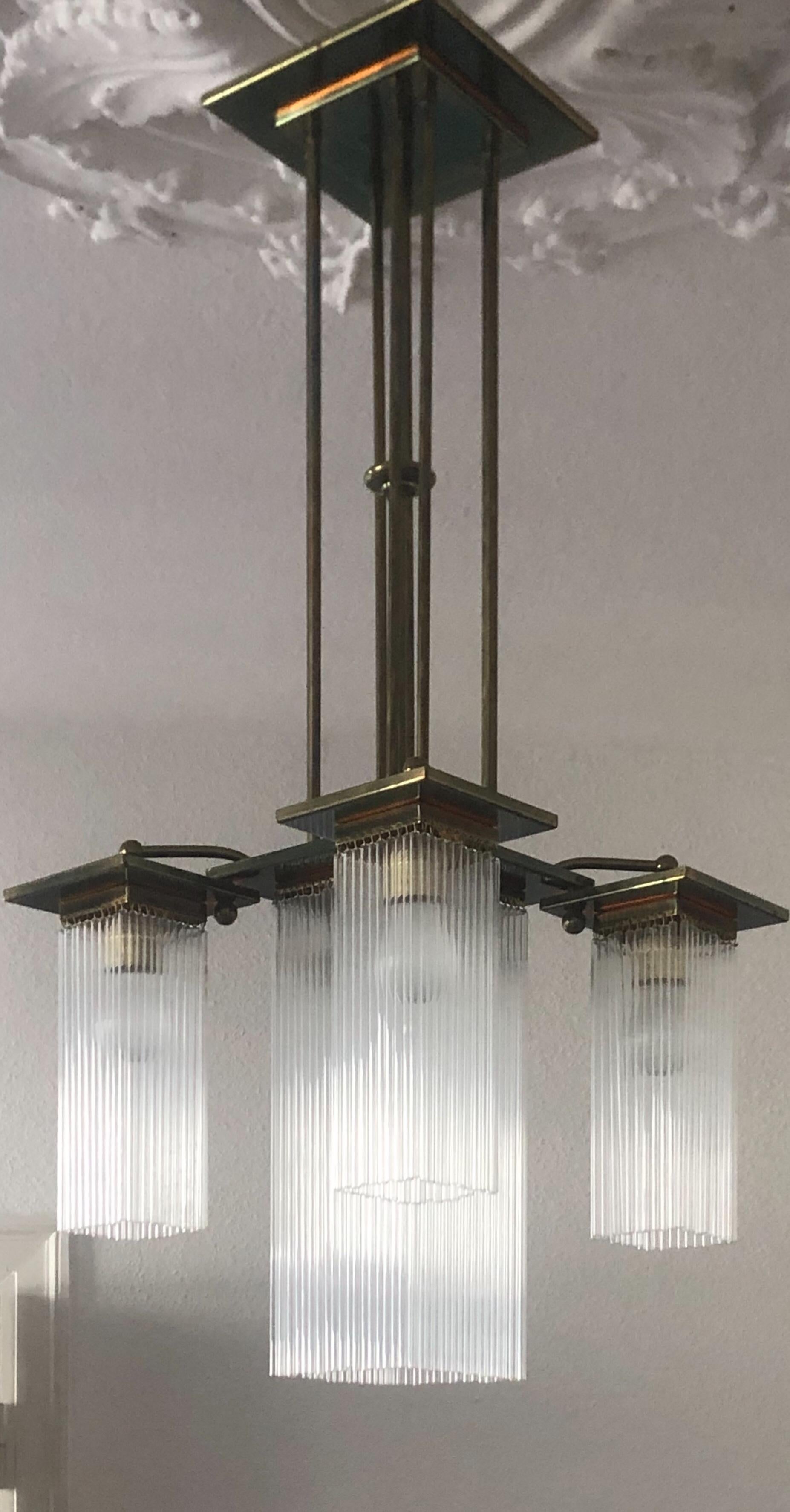 Late 20th Century Fine Brass and Glass Chandelier from Vienna, Koloman Moser, Otto Wagner Style