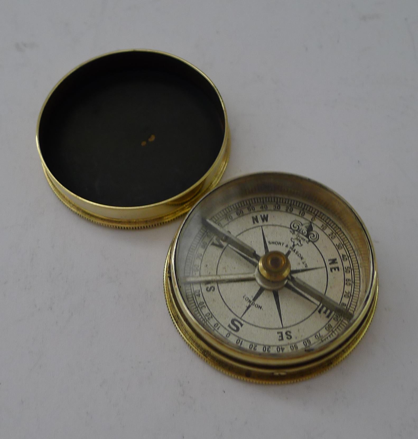 Edwardian Fine Brass Cased Pocket Compass by Short & Mason Ltd., London c.1910 For Sale