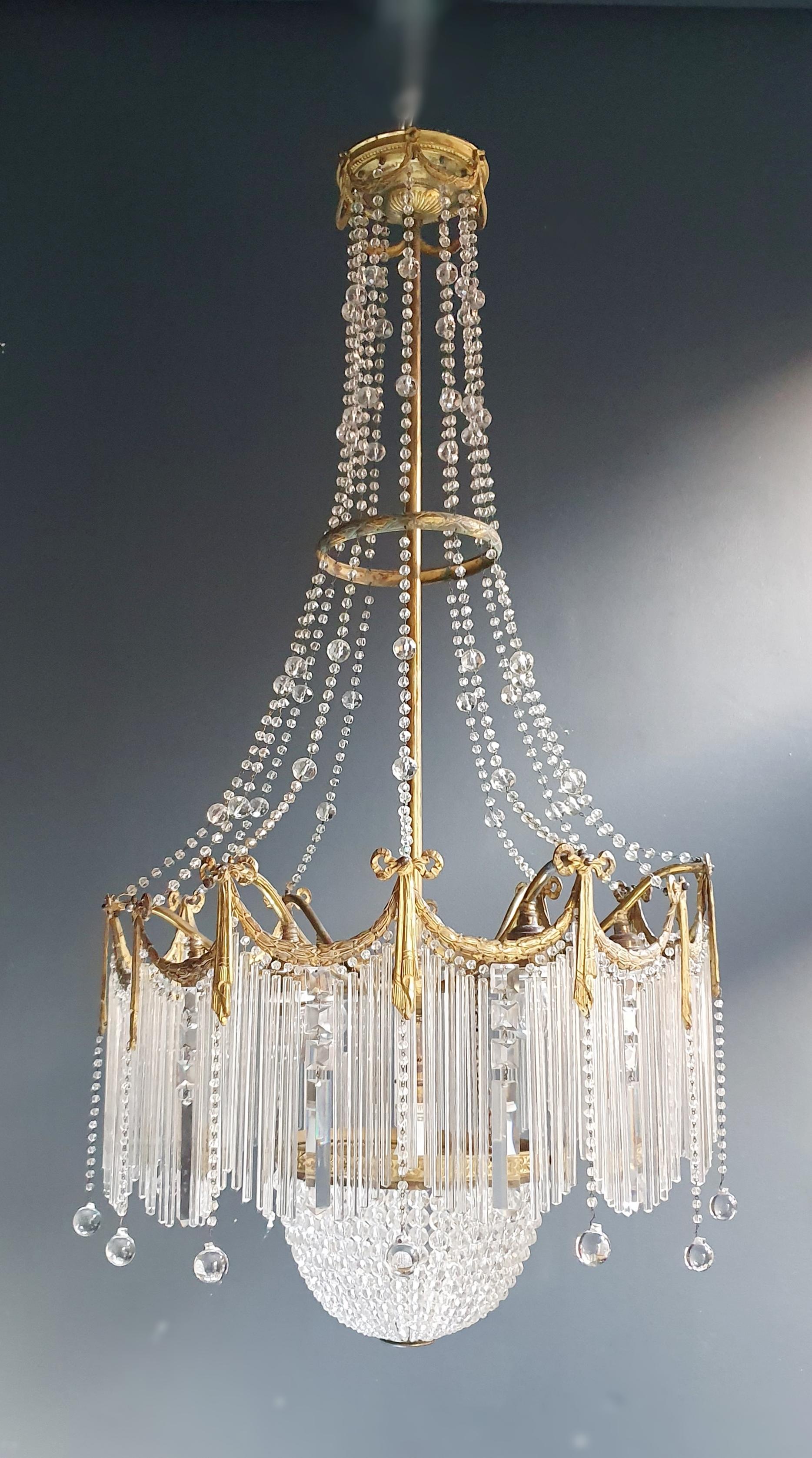 Fine Brass Crystal Chandelier Antique Ceiling Lamp Lustre Art Nouveau Lamp, 1900 2