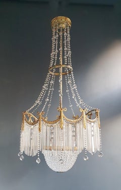 Fine Brass Crystal Chandelier Antique Ceiling Lamp Lustre Art Nouveau Lamp, 1900