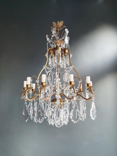 Fine Brass Crystal Chandelier Antique Ceiling Lamp Lustre Art Nouveau Lamp, 1900