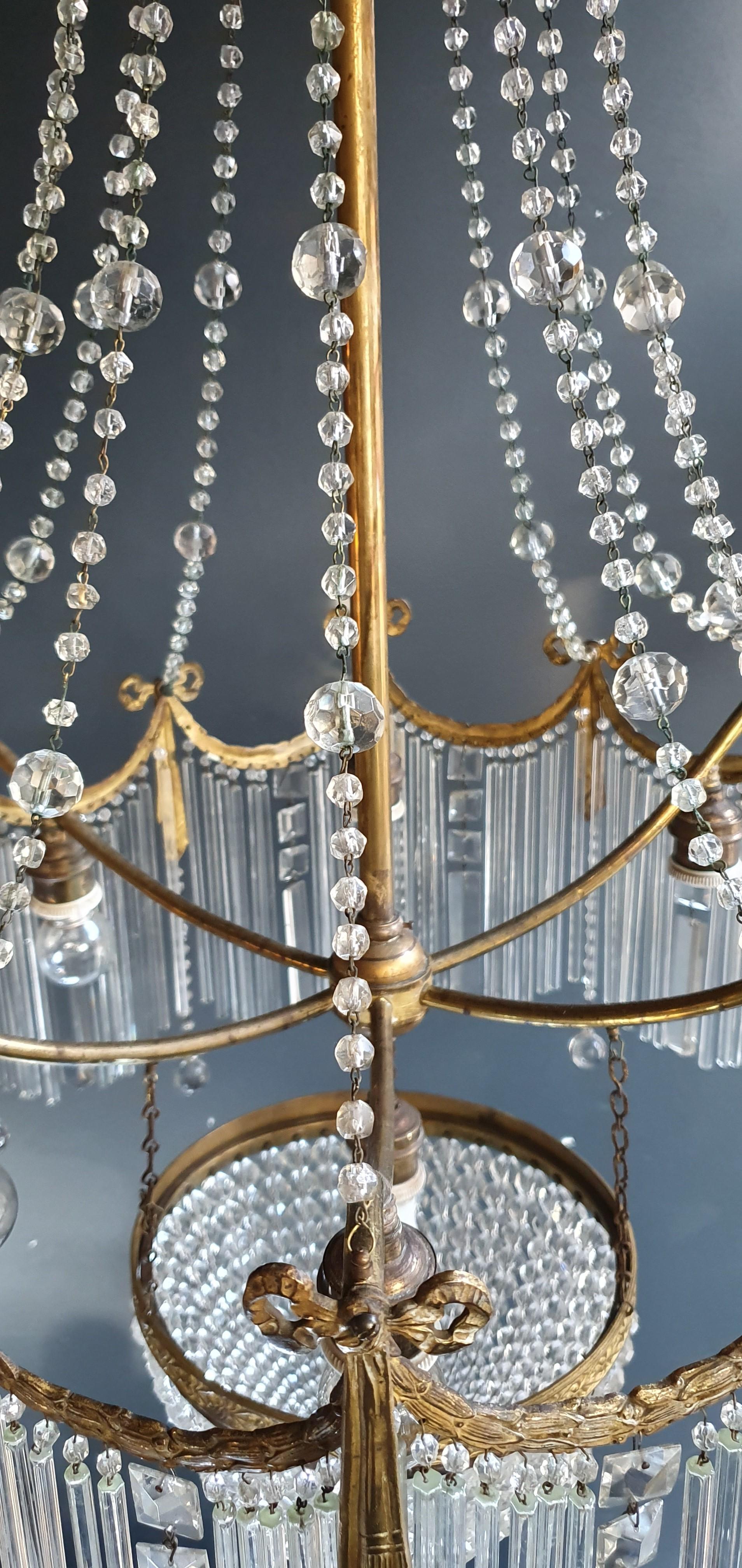 Hand-Knotted Fine Brass Crystal Chandelier Antique Ceiling Lamp Lustre Art Nouveau Lamp, 1900