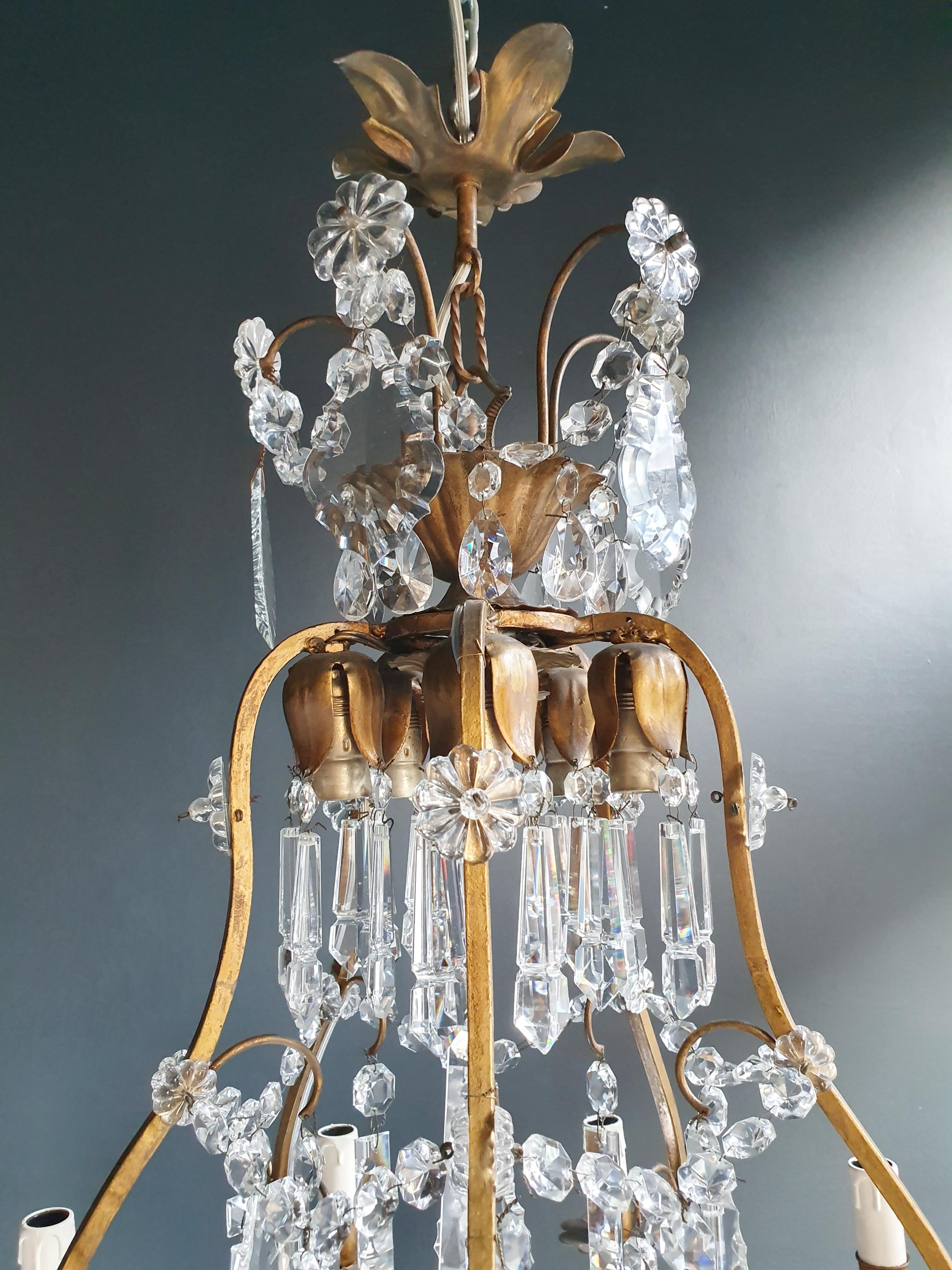 Hand-Knotted Fine Brass Crystal Chandelier Antique Ceiling Lamp Lustre Art Nouveau Lamp, 1900 For Sale
