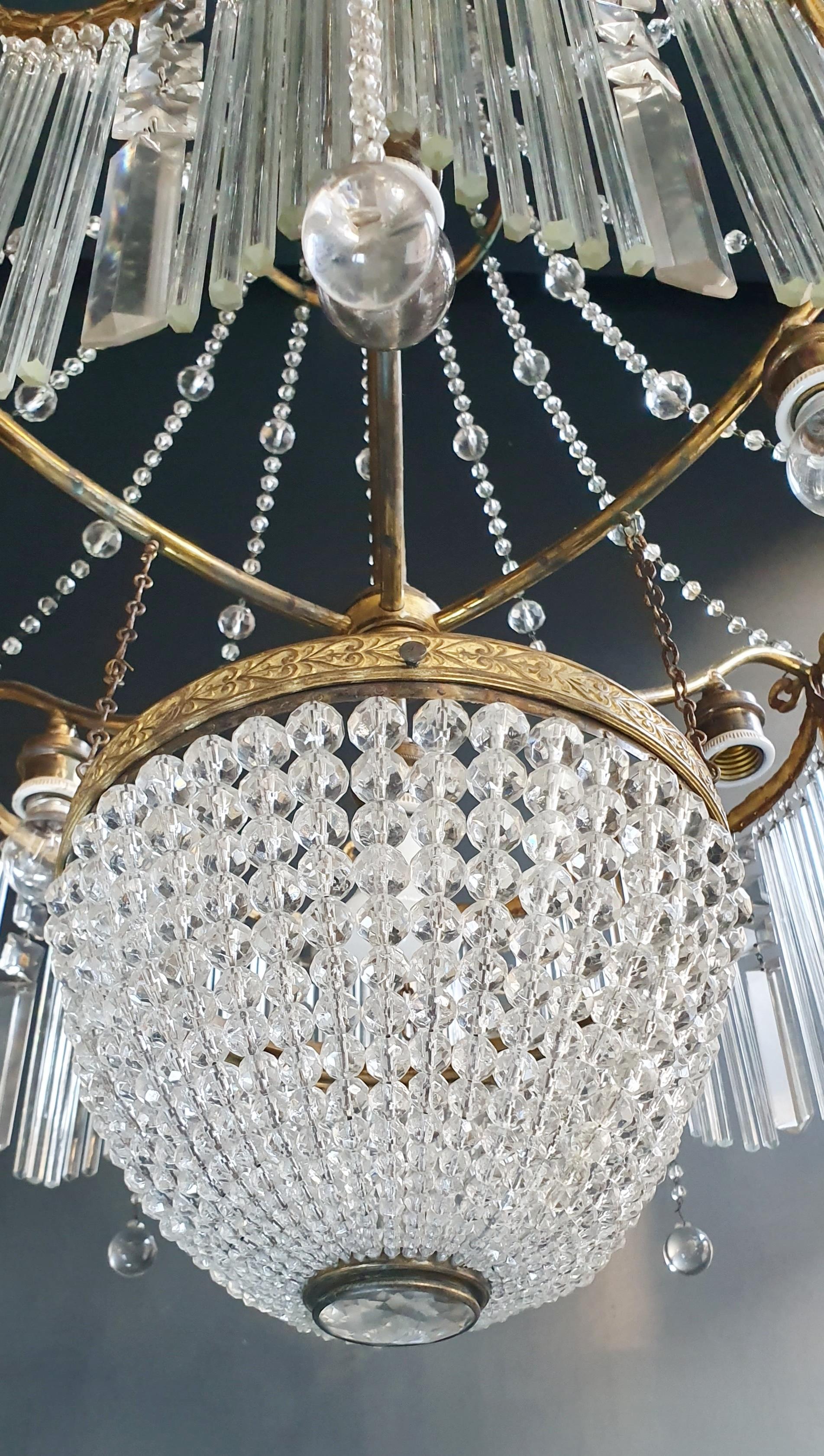 Early 20th Century Fine Brass Crystal Chandelier Antique Ceiling Lamp Lustre Art Nouveau Lamp, 1900