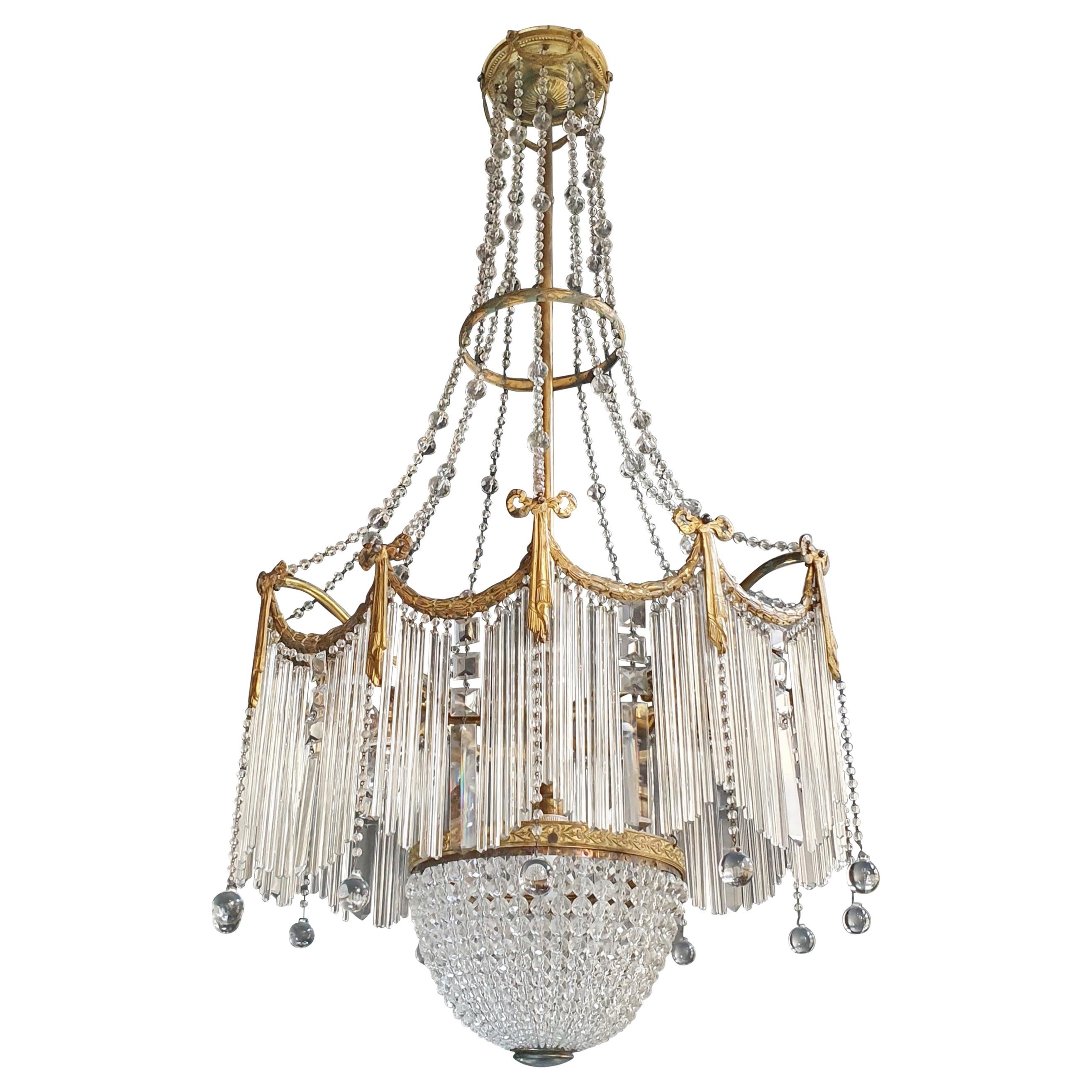 Fine Brass Crystal Chandelier Antique Ceiling Lamp Lustre Art Nouveau Lamp, 1900