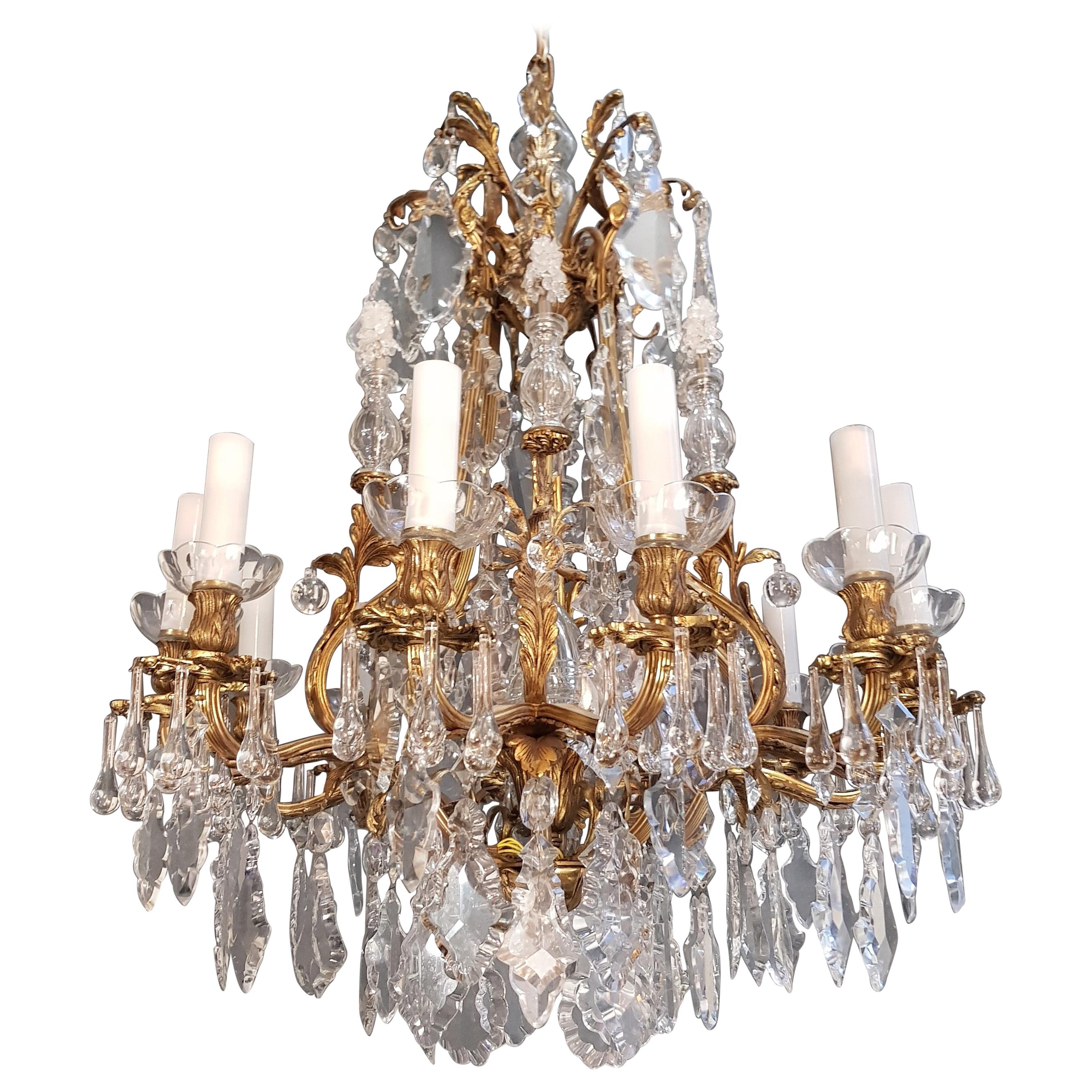 Fine Brass Crystal Chandelier Antique Ceiling Lamp Lustre Art Nouveau Lamp, 1920