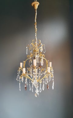 Fine Brass Crystal Chandelier Antique Ceiling Lamp Lustre Art Nouveau Gold