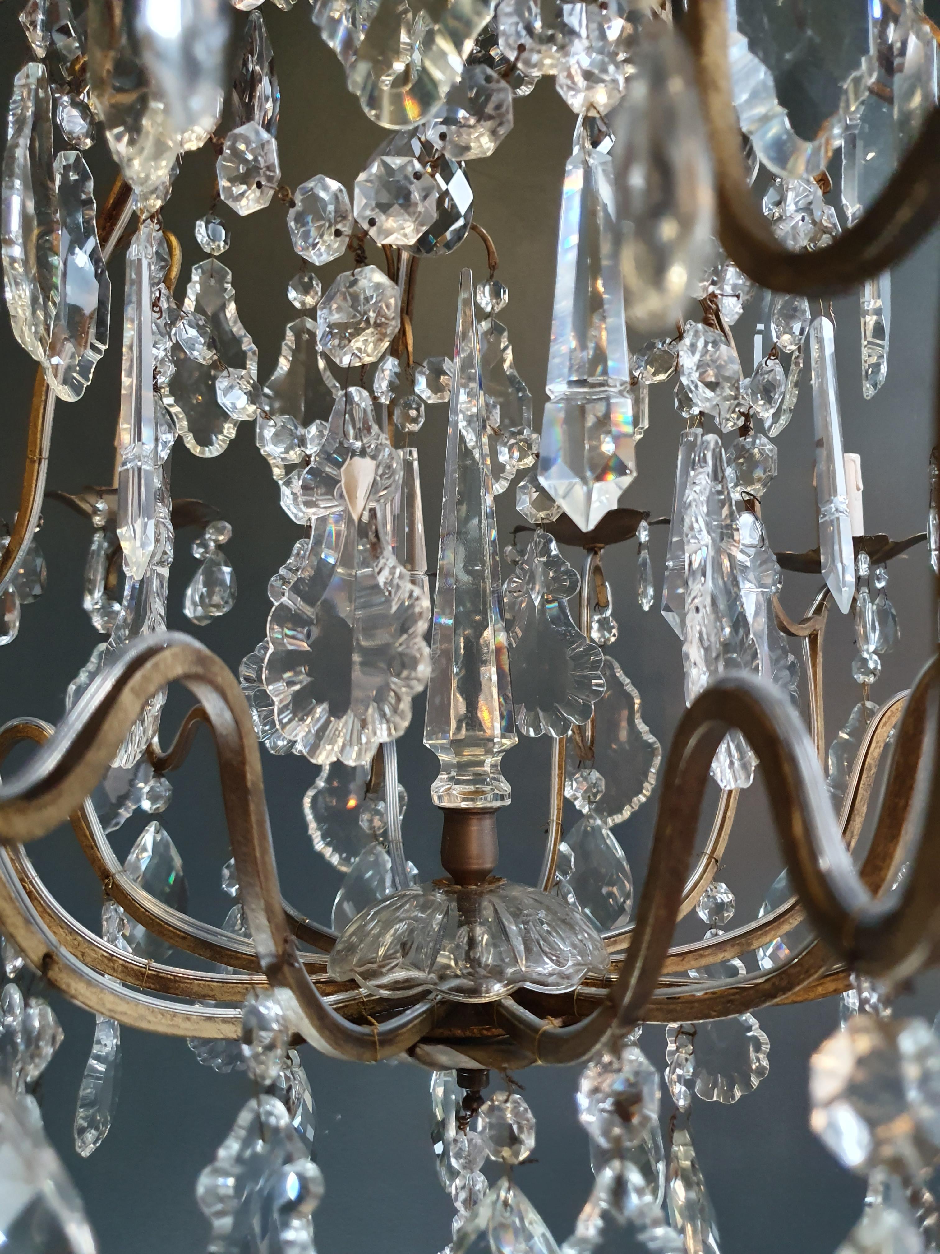 Mid-20th Century Fine Brass Crystal Chandelier Antique Ceiling Lamp Lustre Art Nouveau Lamp