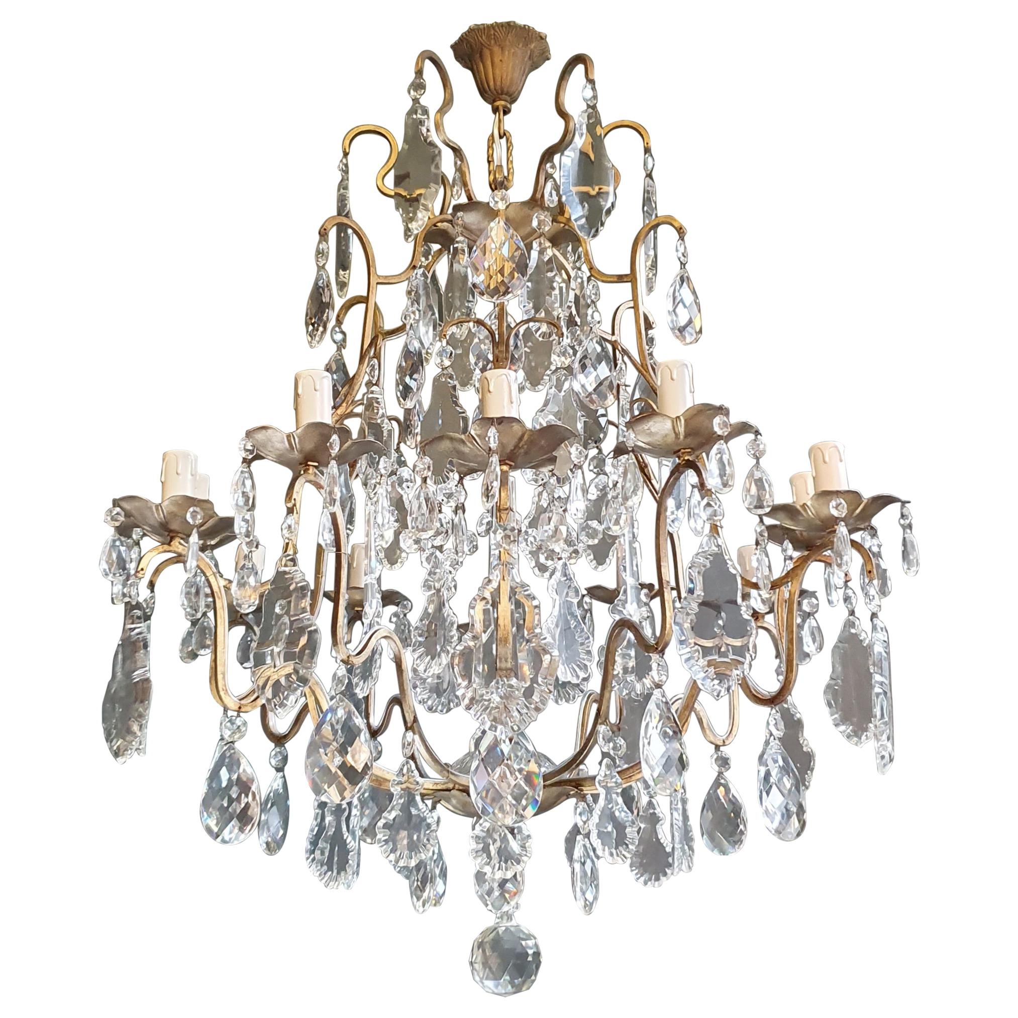 Fine Brass Crystal Chandelier Antique Ceiling Lamp Lustre Art Nouveau Lamp