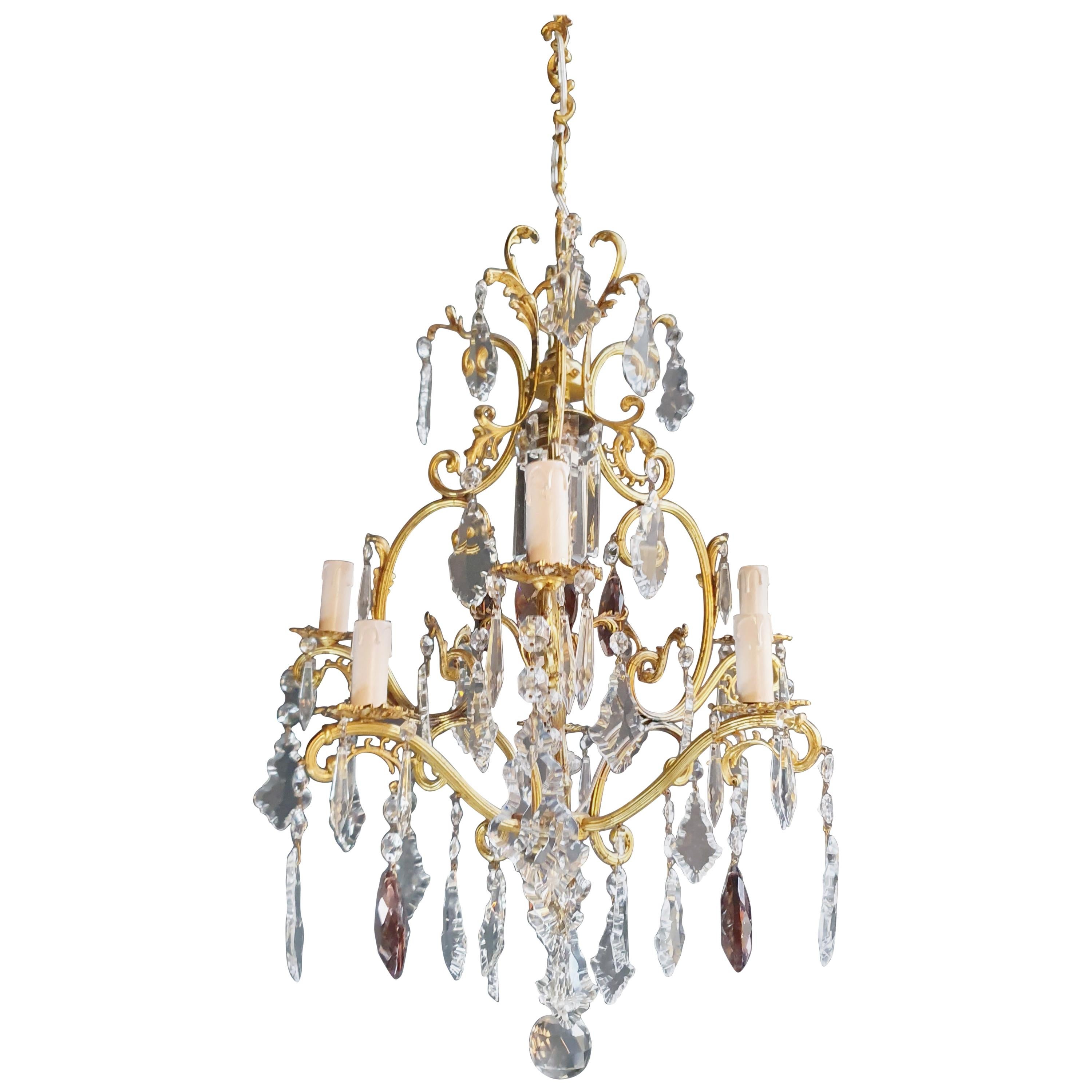 Fine Brass Crystal Chandelier Antique Ceiling Lamp Lustre Art Nouveau Lamp