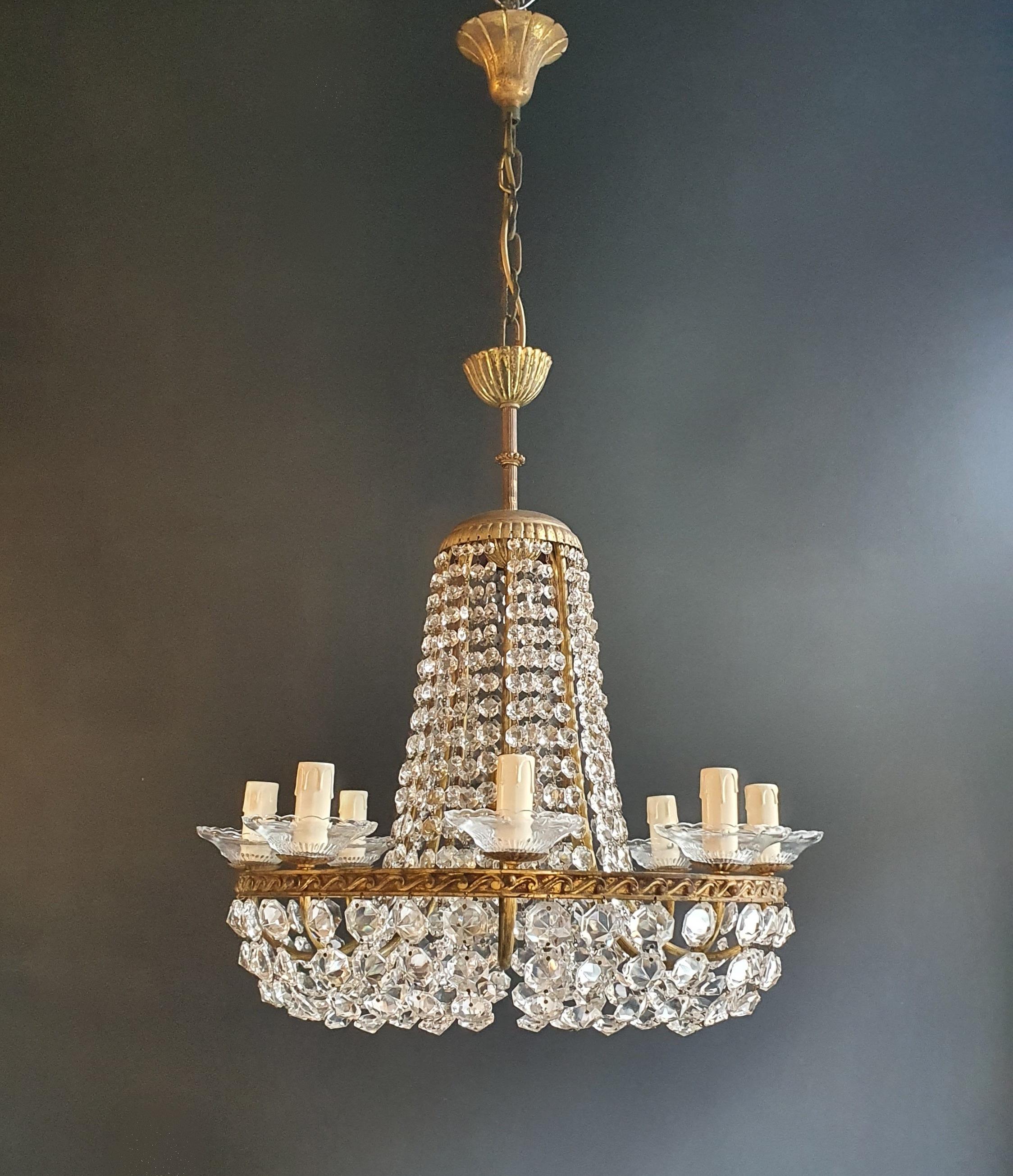 Mid-20th Century Fine Brass Empire Chandelier Crystal Lustre Basket Lamp Antique