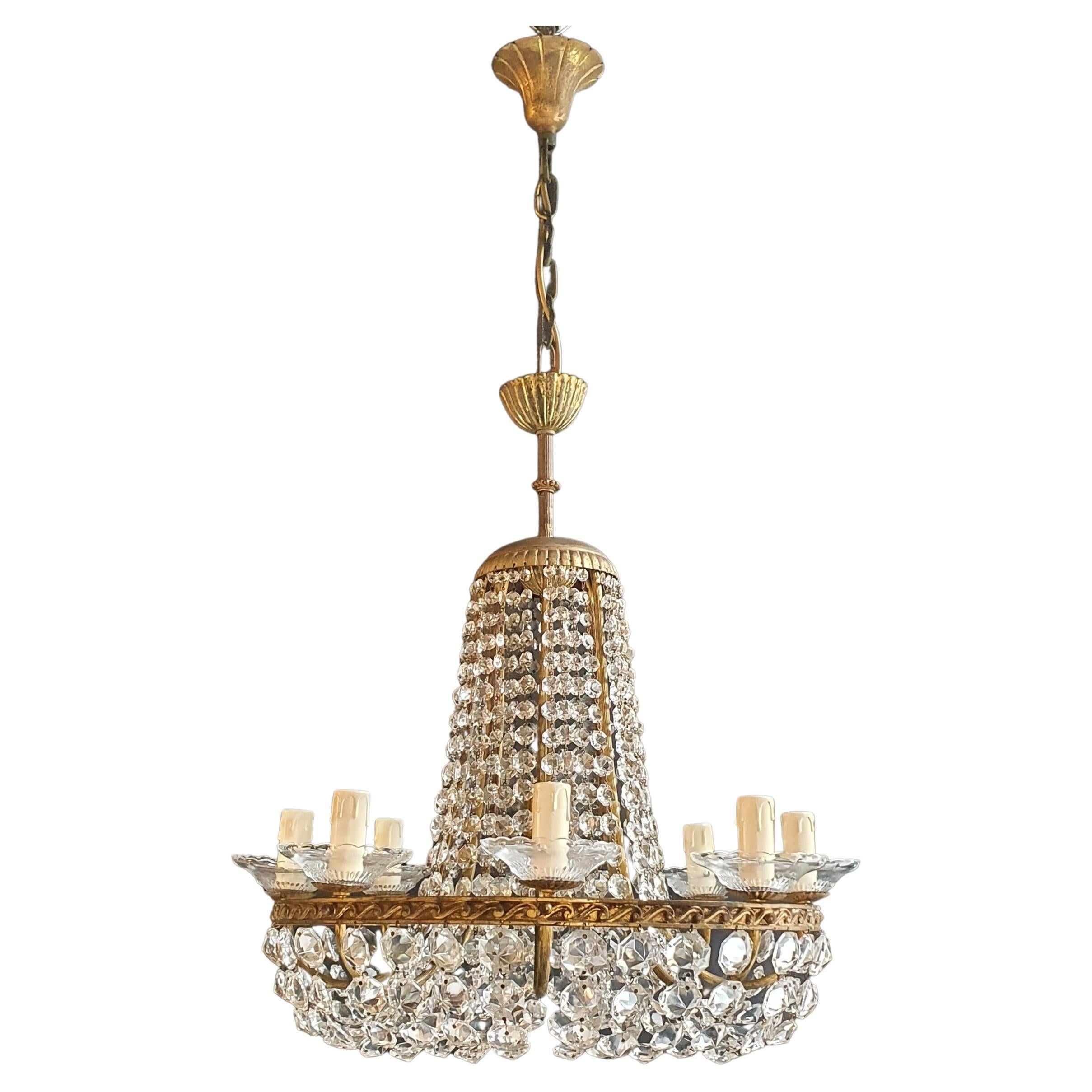 Fine Brass Empire Chandelier Crystal Lustre Basket Lamp Antique