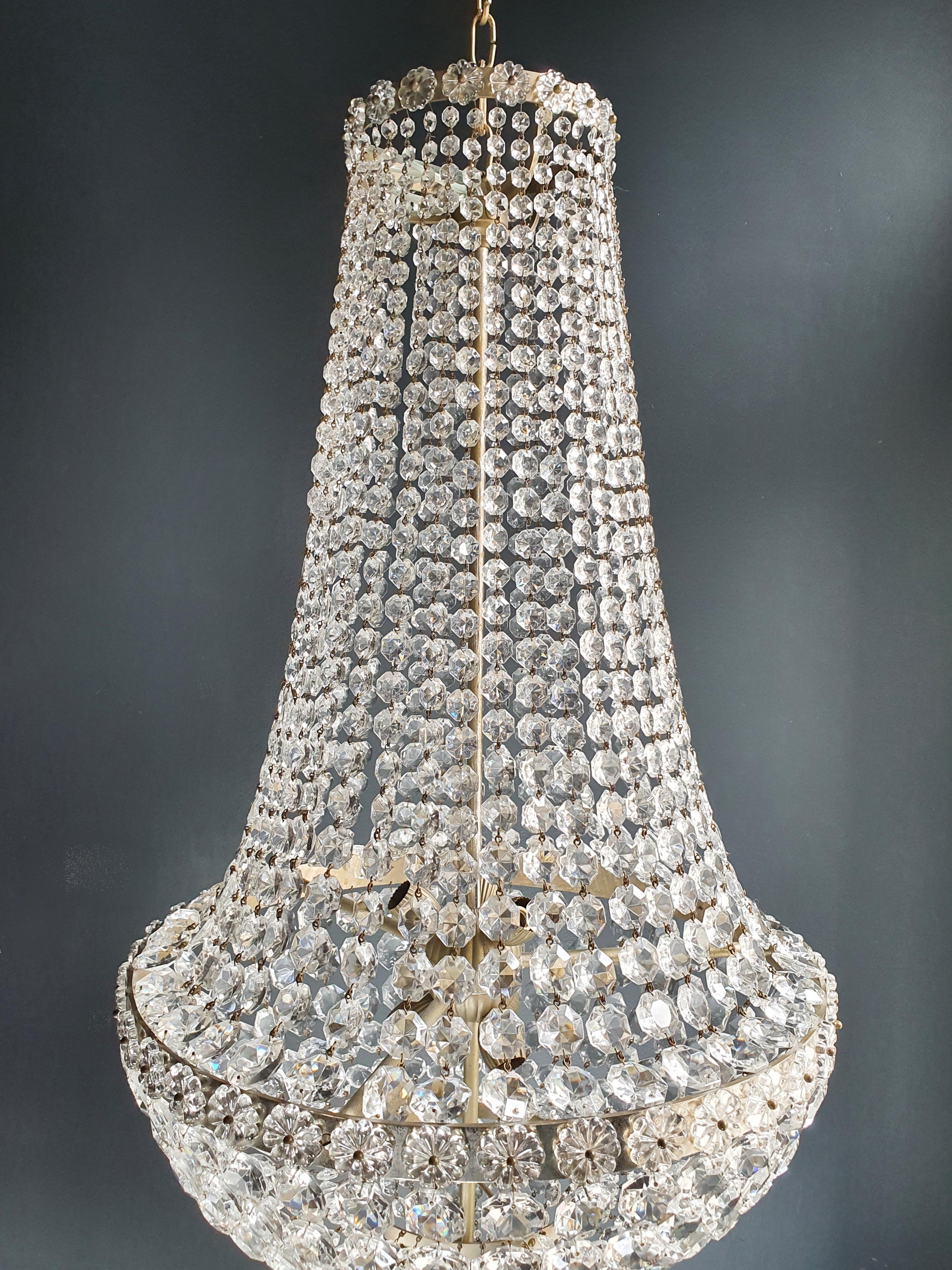 European Fine Brass Empire Chandelier Crystal Sac a Pearl Silver Chrome Art Deco Classic
