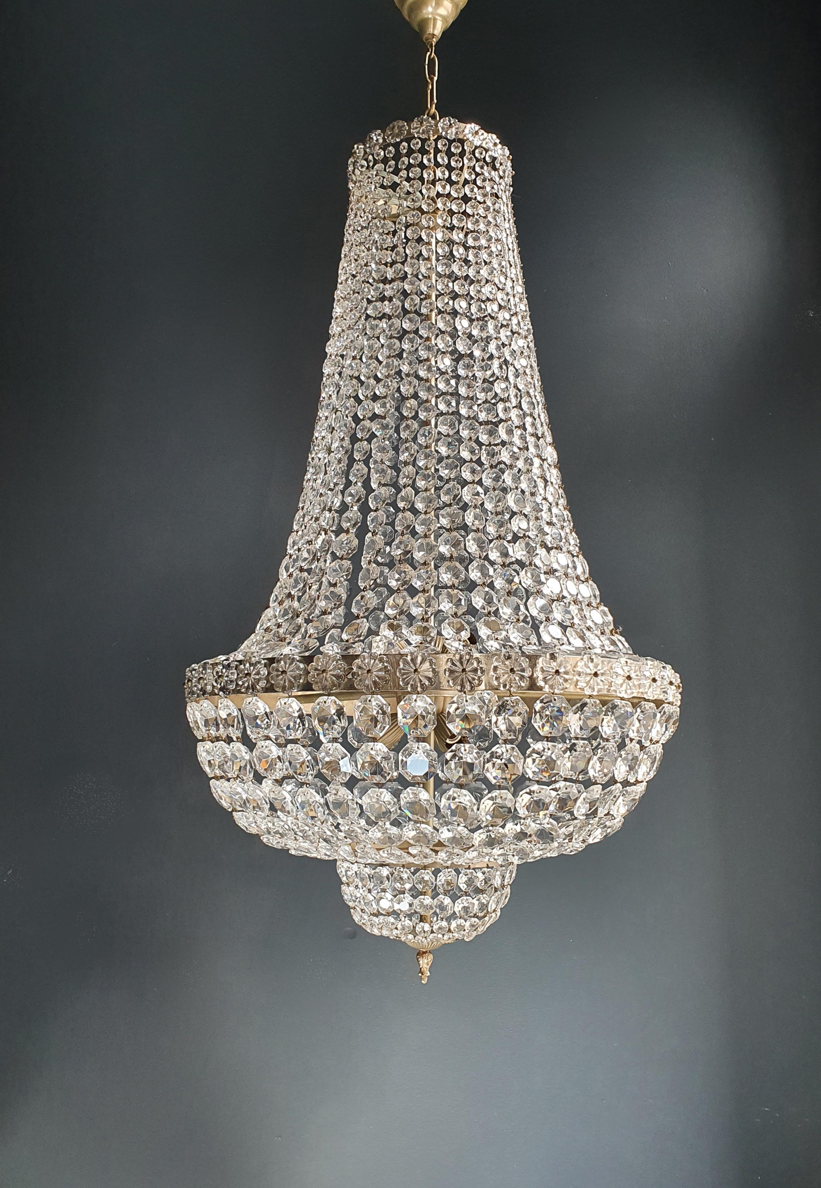Hand-Knotted Fine Brass Empire Chandelier Crystal Sac a Pearl Silver Chrome Art Deco Classic