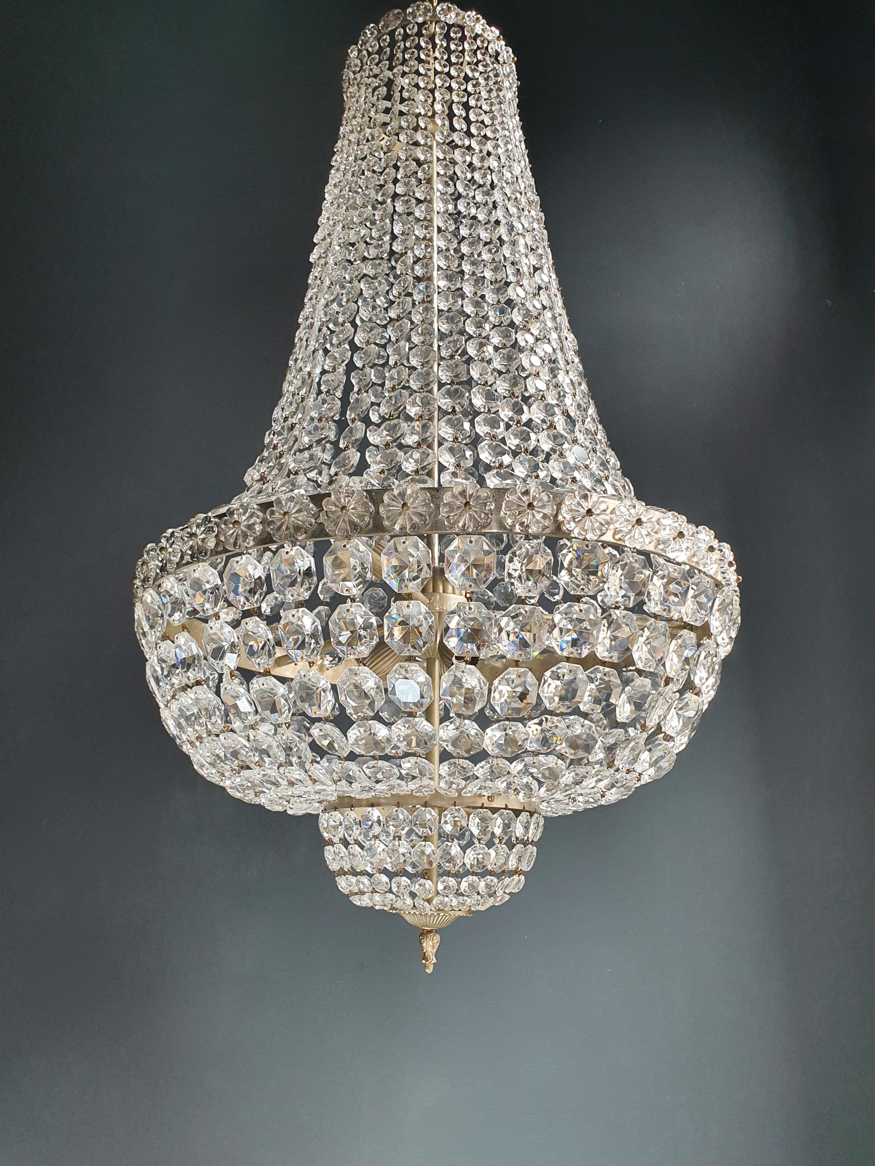 Fine Brass Empire Chandelier Crystal Sac a Pearl Silver Chrome Art Deco Classic In Good Condition In Berlin, DE