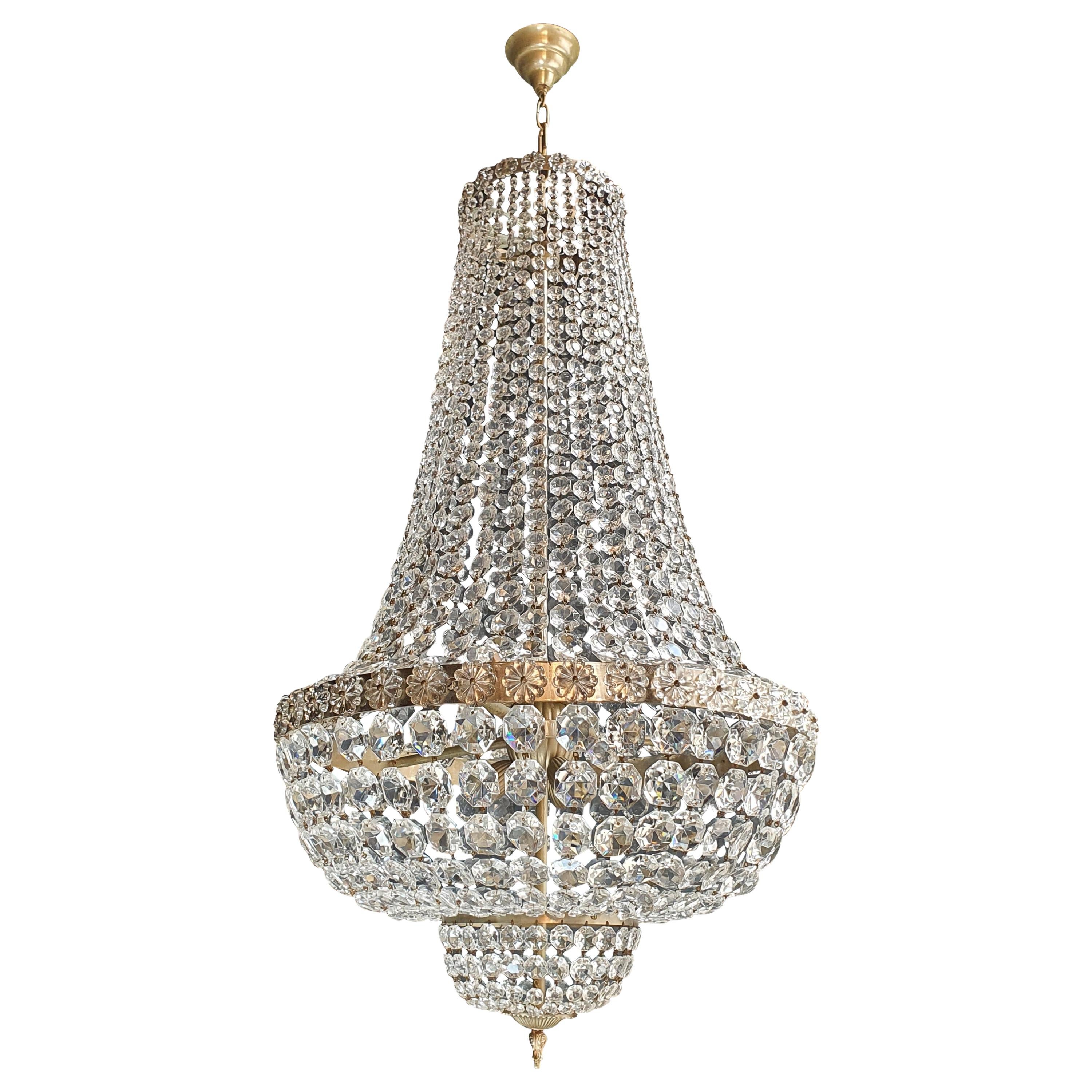 Fine Brass Empire Chandelier Crystal Sac a Pearl Silver Chrome Art Deco Classic