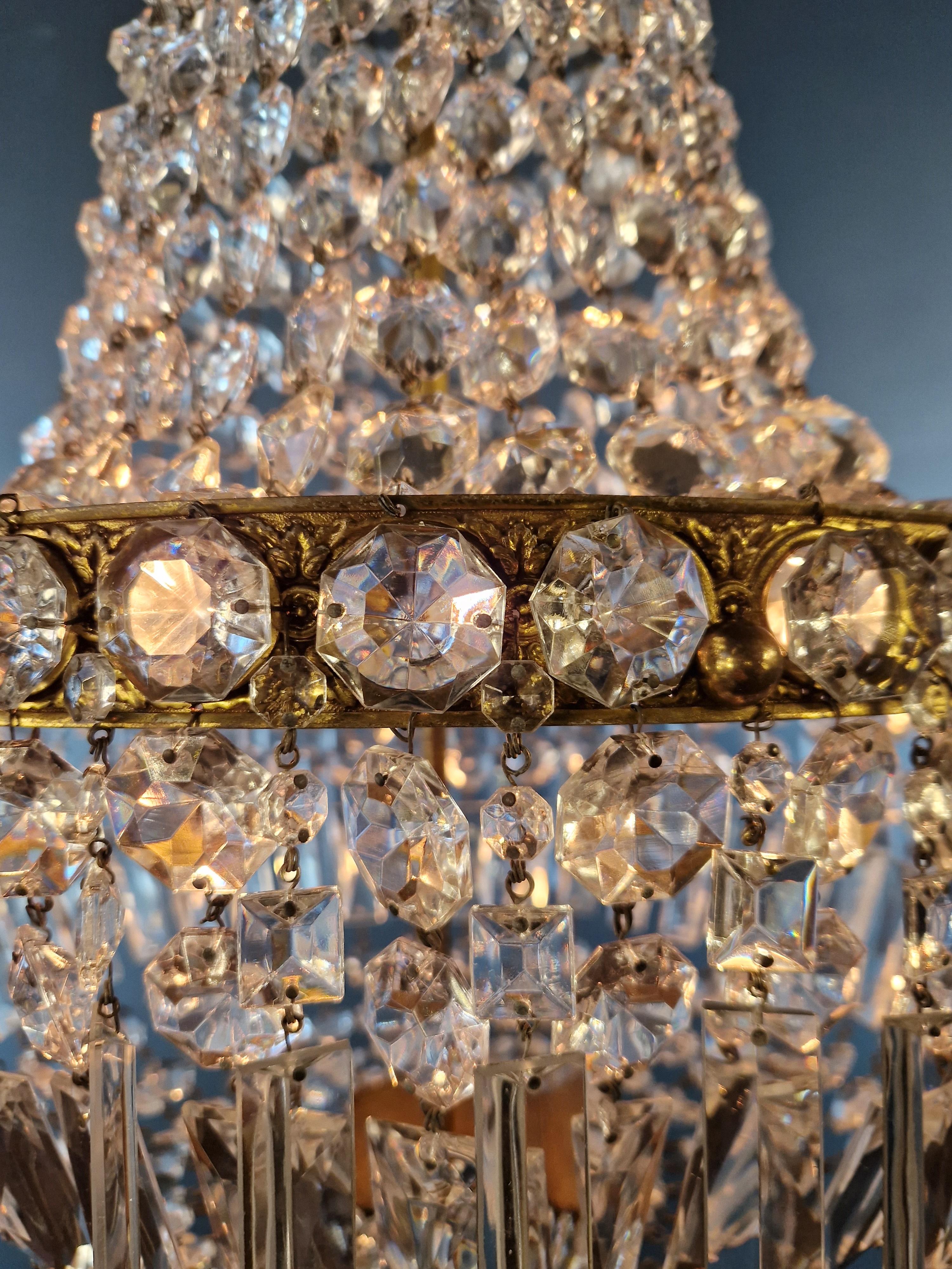 Fine Brass Empire Sac a Pearl Chandelier Crystal Lustre Basket Lamp Antique For Sale 4