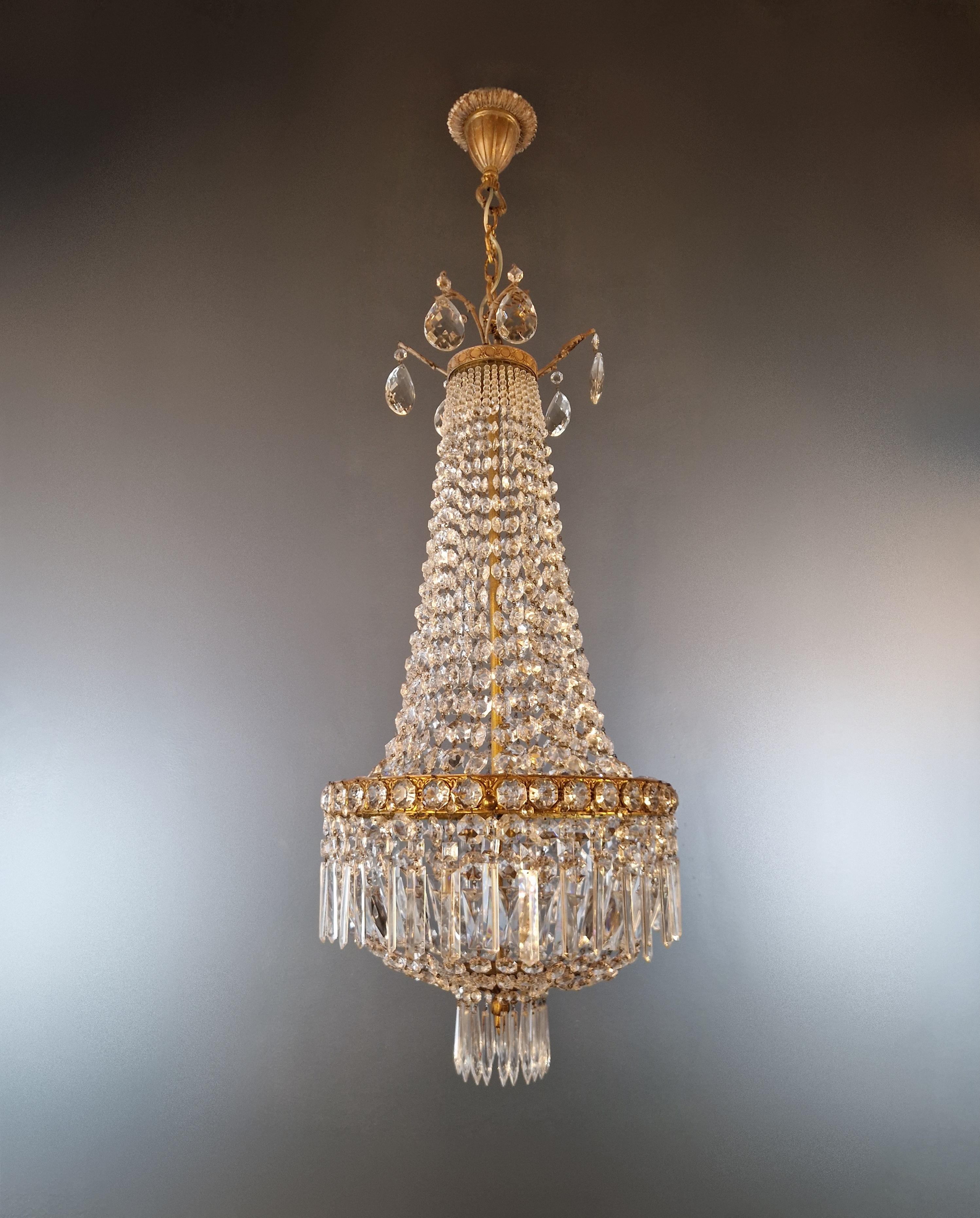 Italian Fine Brass Empire Sac a Pearl Chandelier Crystal Lustre Basket Lamp Antique For Sale