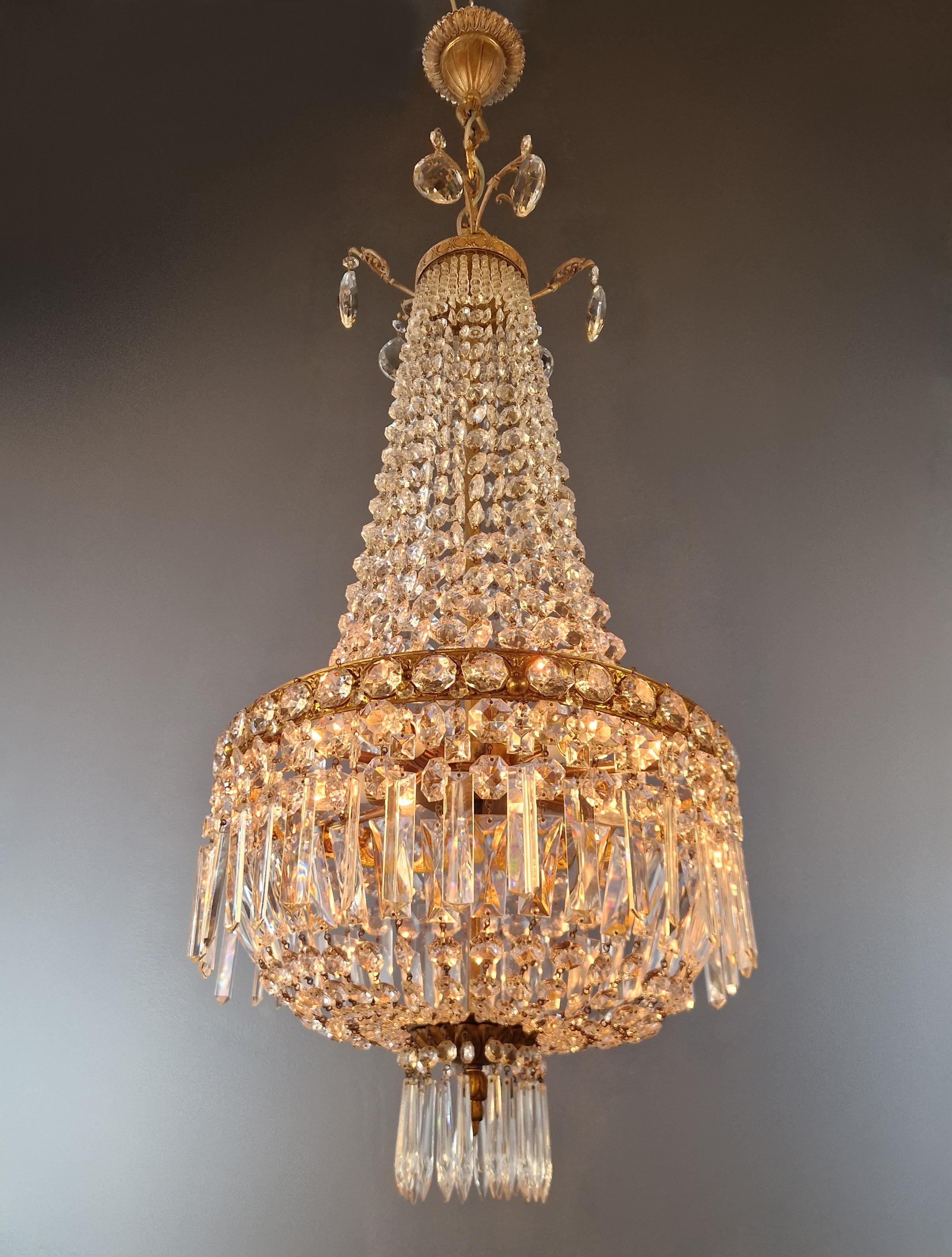 Hand-Knotted Fine Brass Empire Sac a Pearl Chandelier Crystal Lustre Basket Lamp Antique For Sale