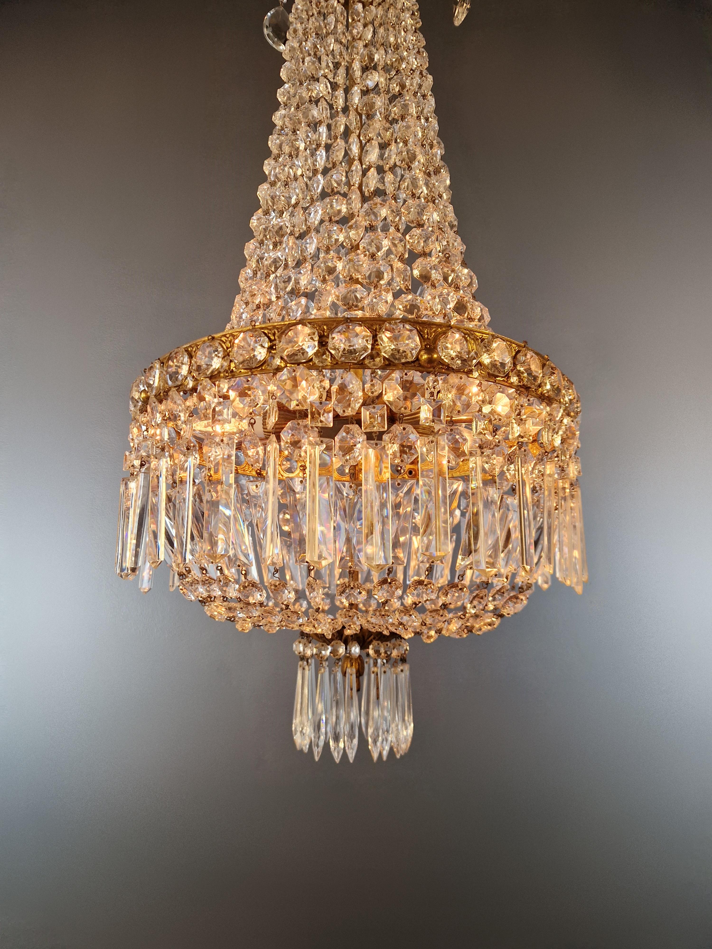 Early 20th Century Fine Brass Empire Sac a Pearl Chandelier Crystal Lustre Basket Lamp Antique For Sale