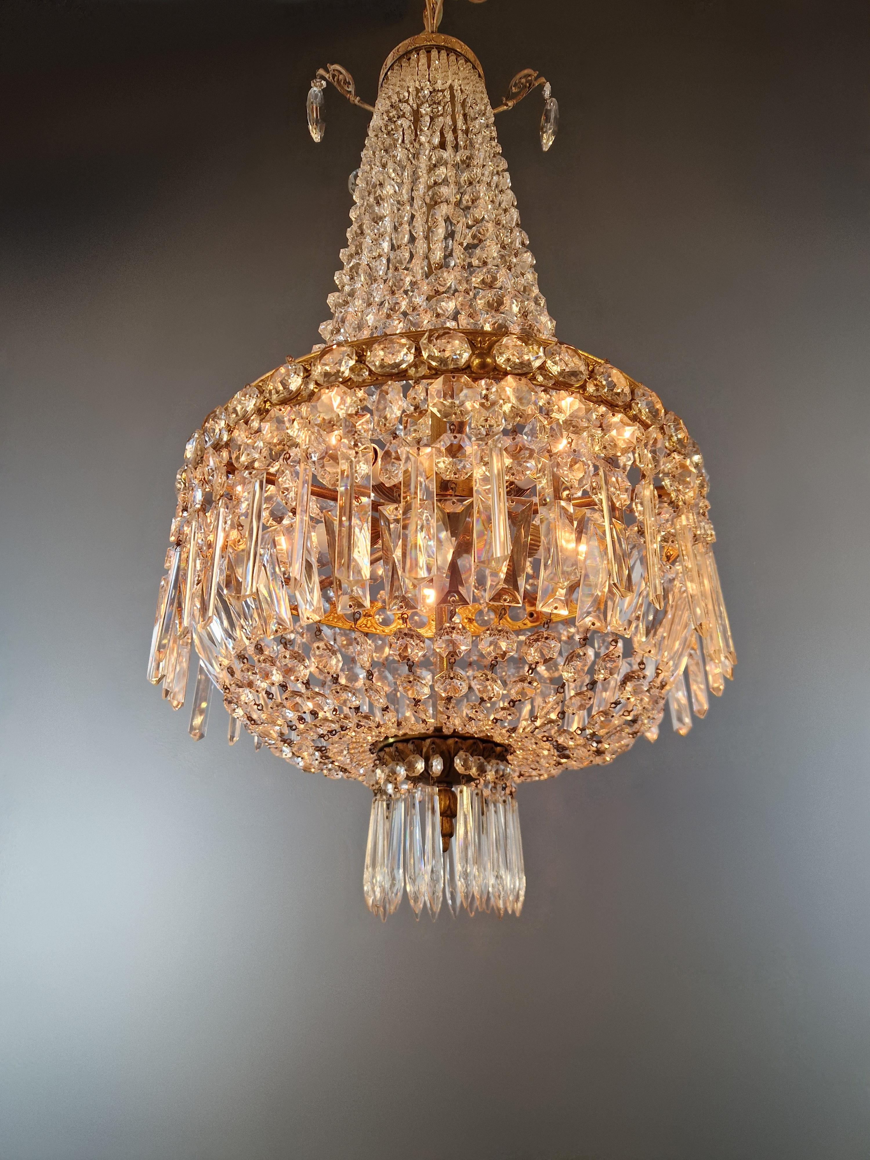Fine Brass Empire Sac a Pearl Chandelier Crystal Lustre Basket Lamp Antique For Sale 1