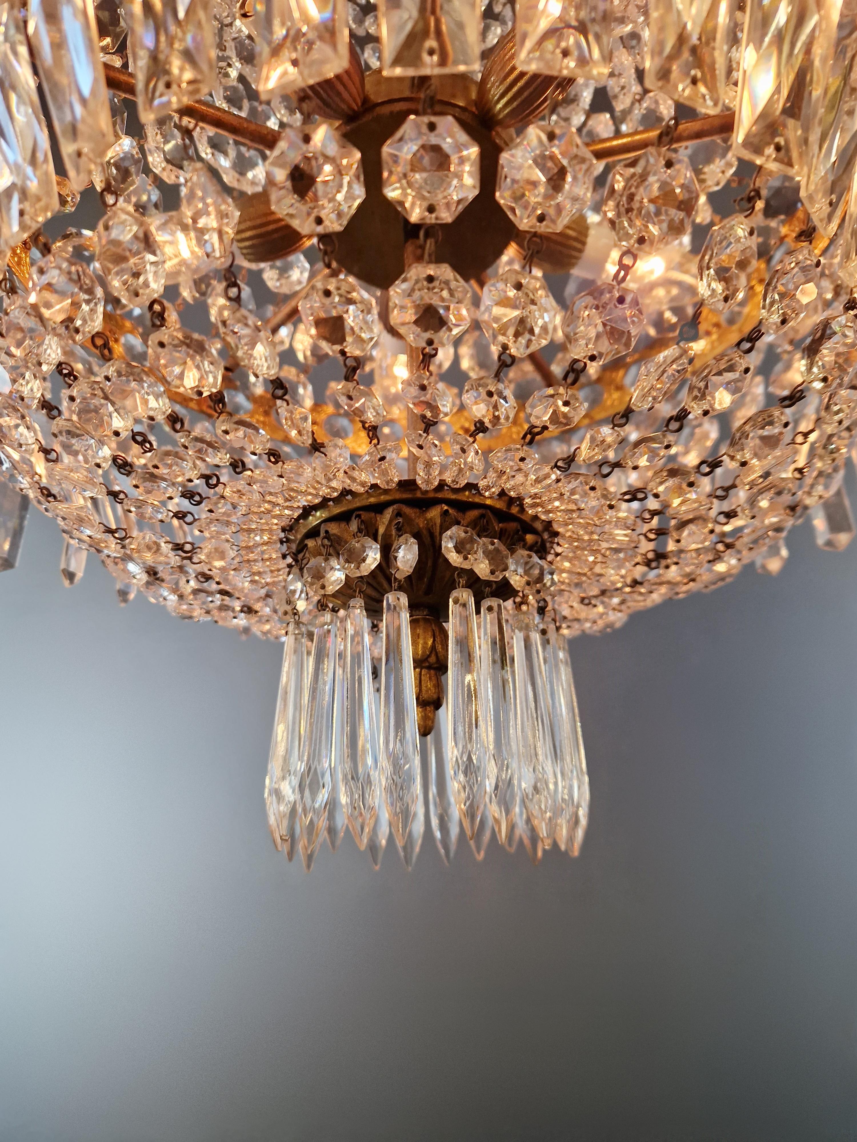 Fine Brass Empire Sac a Pearl Chandelier Crystal Lustre Basket Lamp Antique For Sale 2