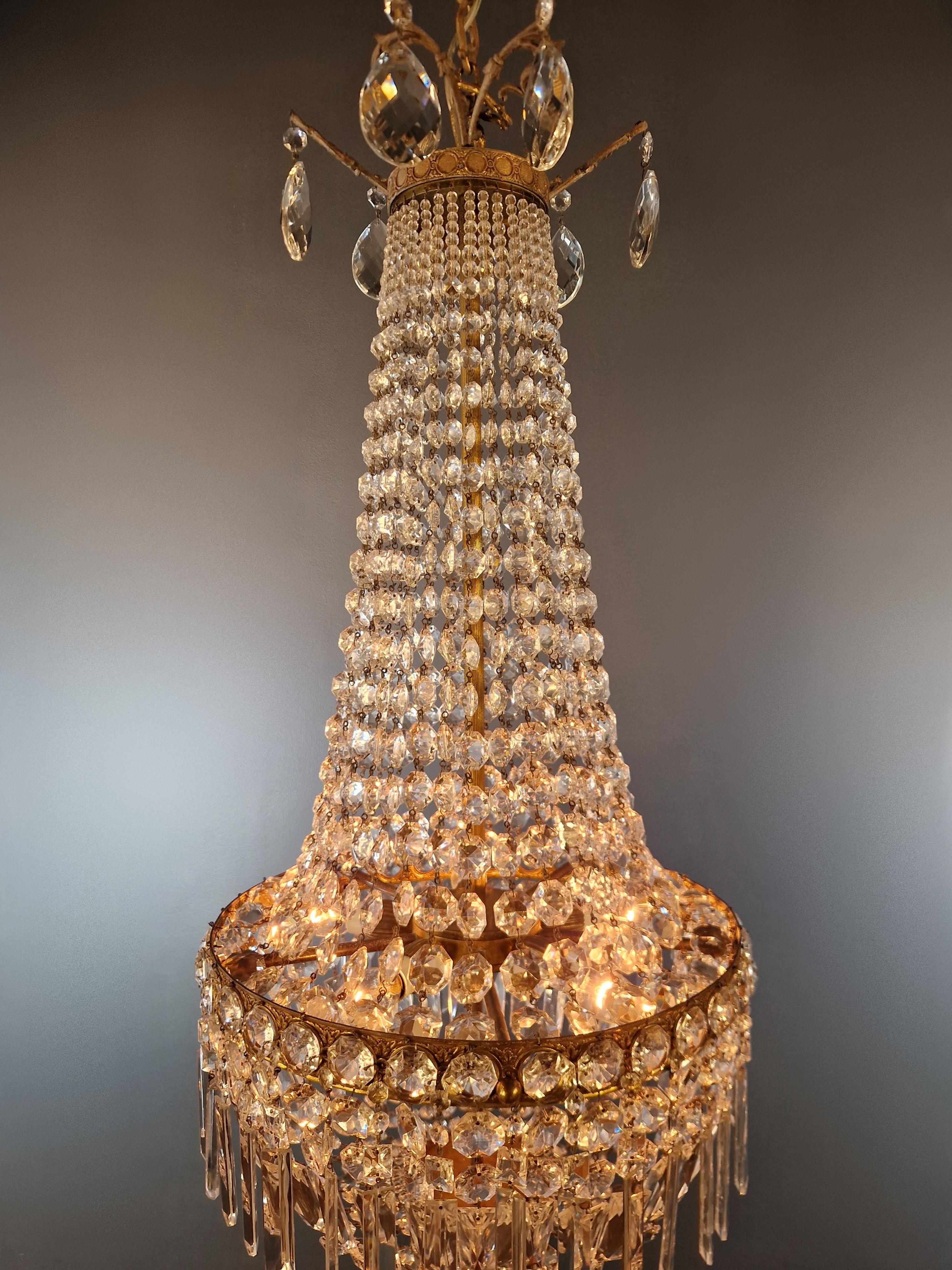 Fine Brass Empire Sac a Pearl Chandelier Crystal Lustre Basket Lamp Antique For Sale 3