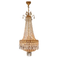Fine Brass Empire Sac a Pearl Chandelier Crystal Lustre Basket Lamp Antique