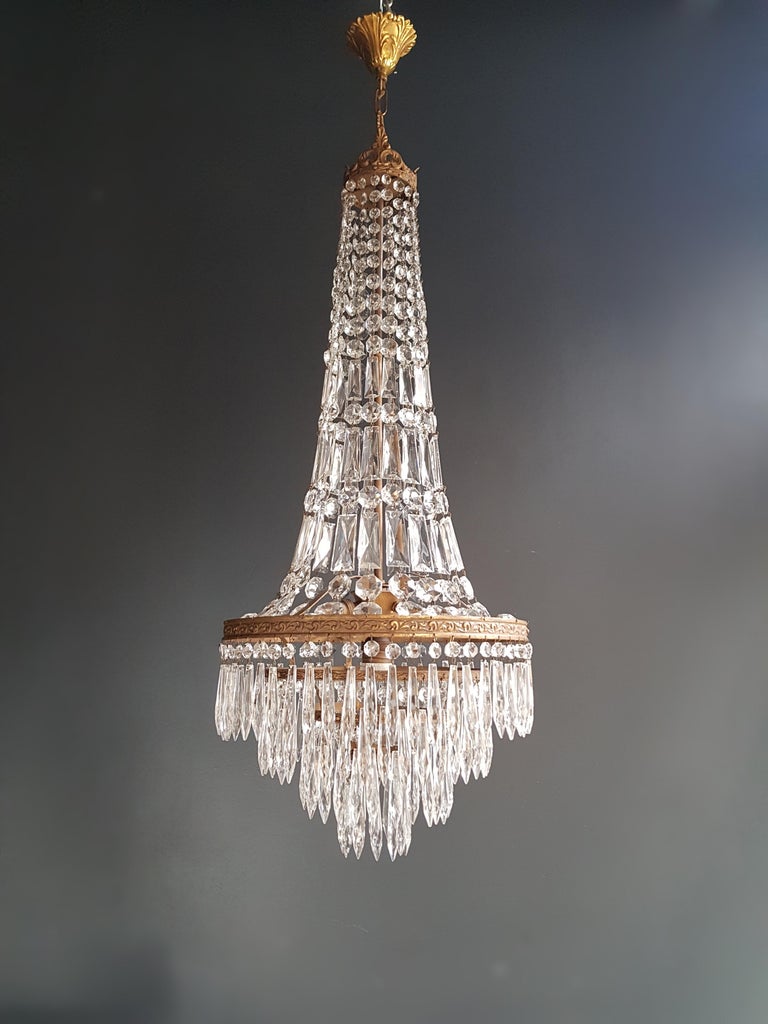 Fine Brass Empire Sac a Pearl Chandelier Crystal Lustre Ceiling Lamp Antique For Sale 2