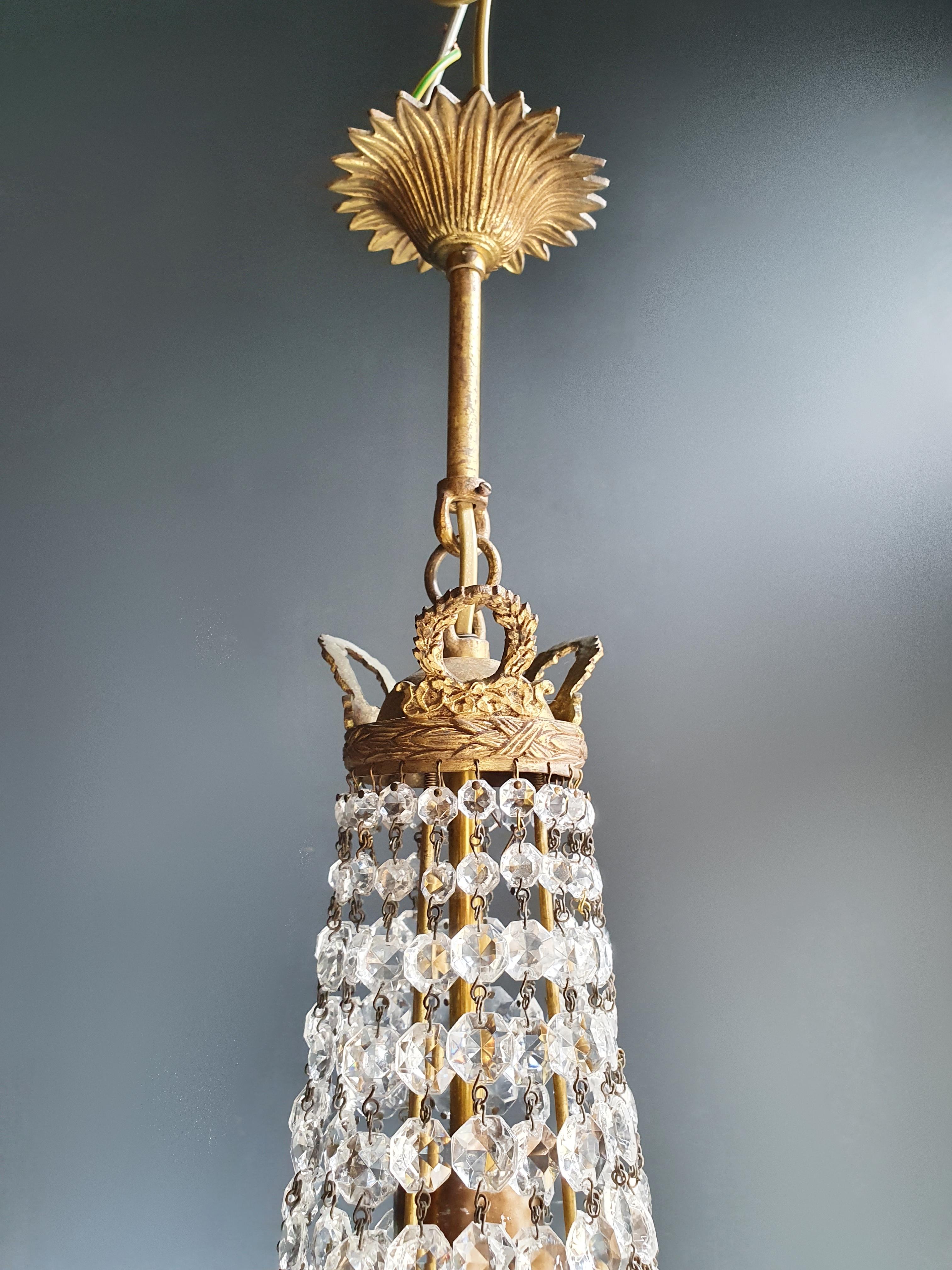 European Fine Brass Empire Sac a Pearl Chandelier Crystal Lustre Ceiling Lamp Antique