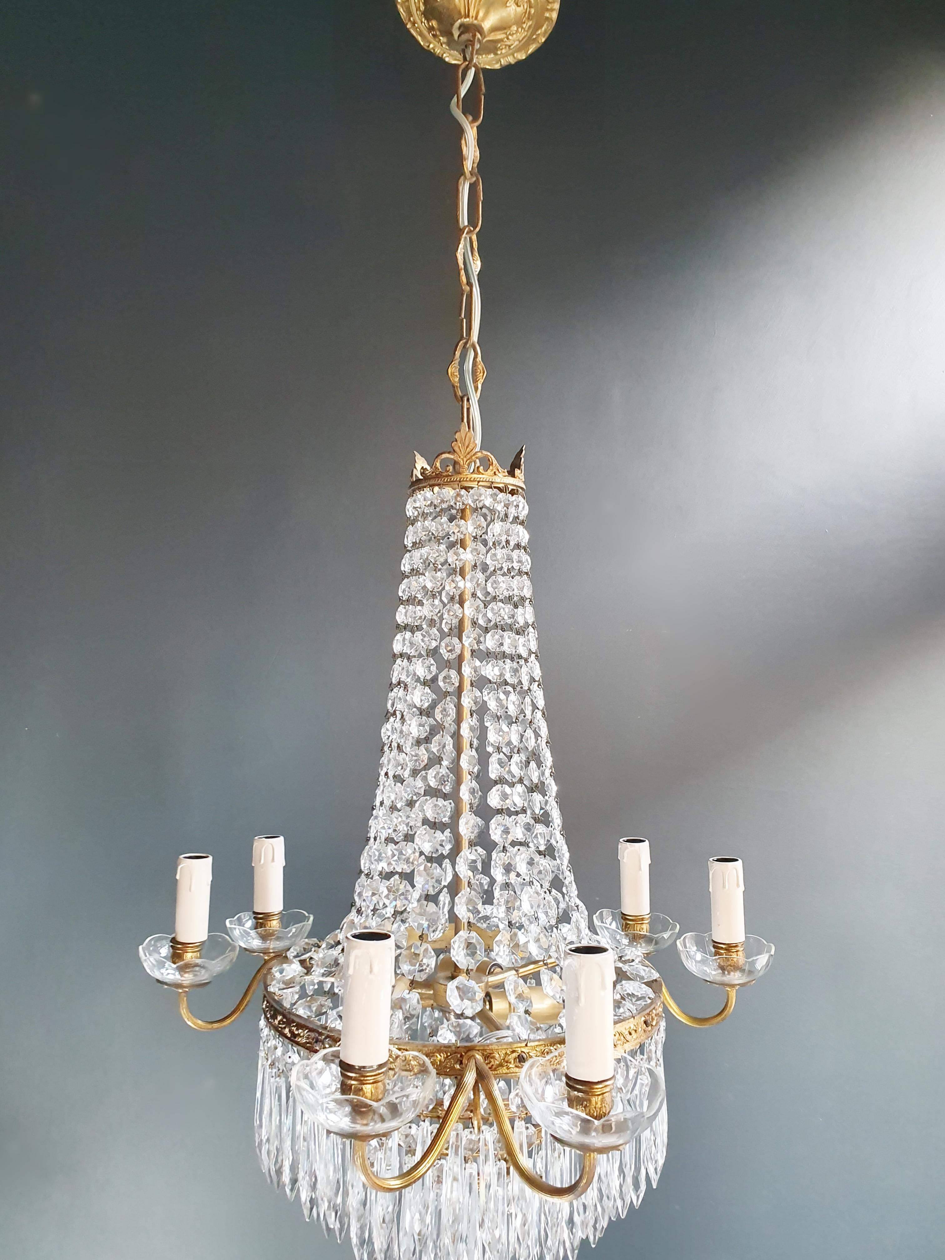 Hand-Knotted Fine Brass Empire Sac a Pearl Chandelier Crystal Lustre Ceiling Lamp Antique