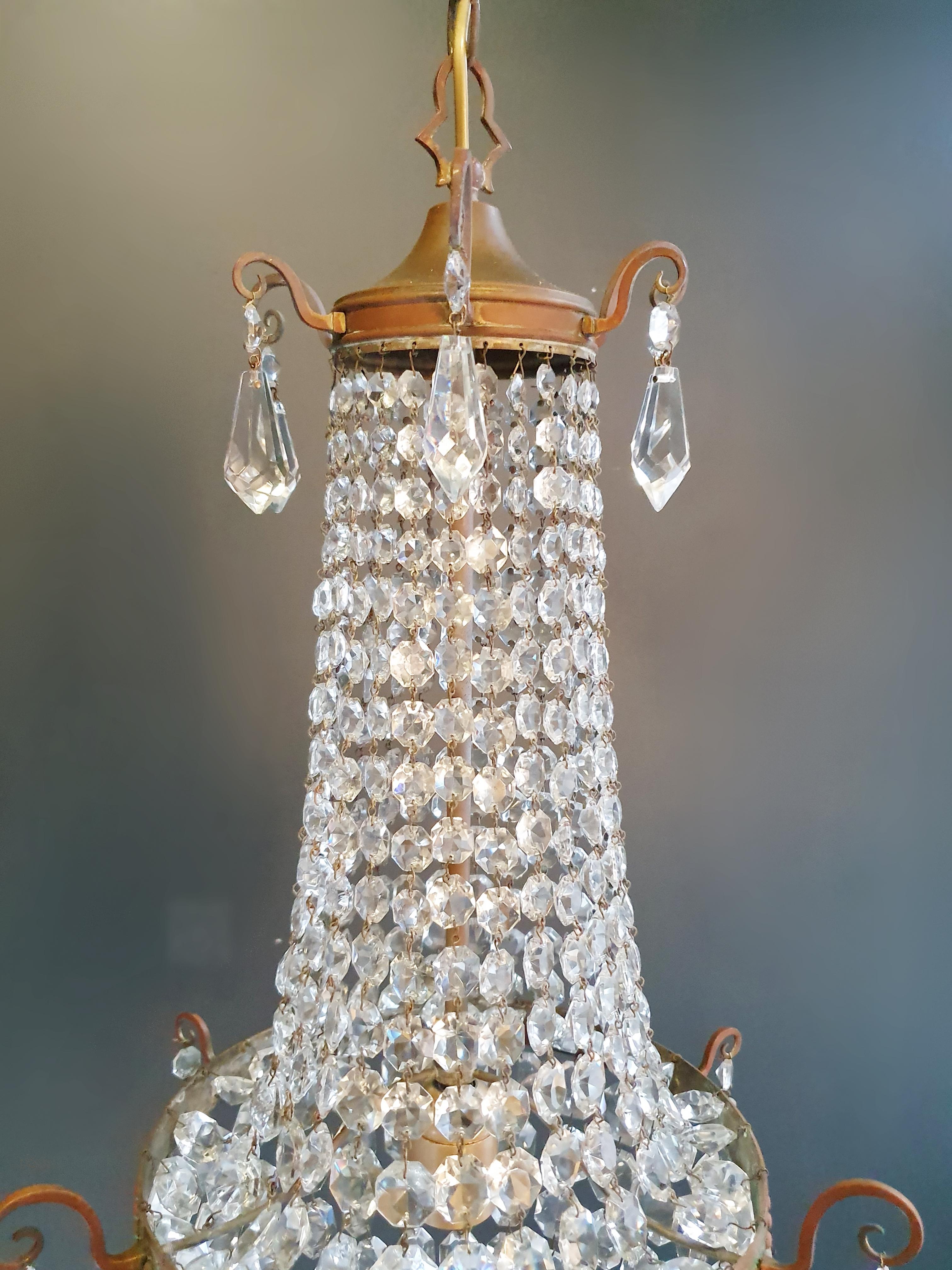 Hand-Knotted Fine Brass Empire Sac a Pearl Chandelier Crystal Lustre Ceiling Lamp Antique