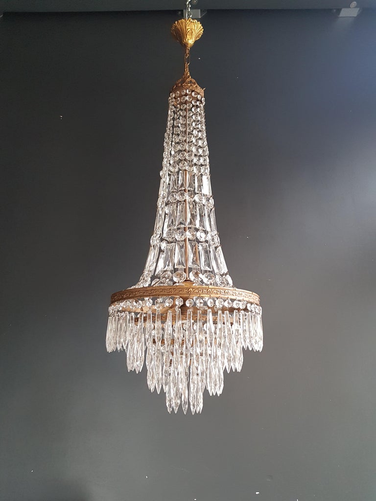 Hand-Knotted Fine Brass Empire Sac a Pearl Chandelier Crystal Lustre Ceiling Lamp Antique For Sale