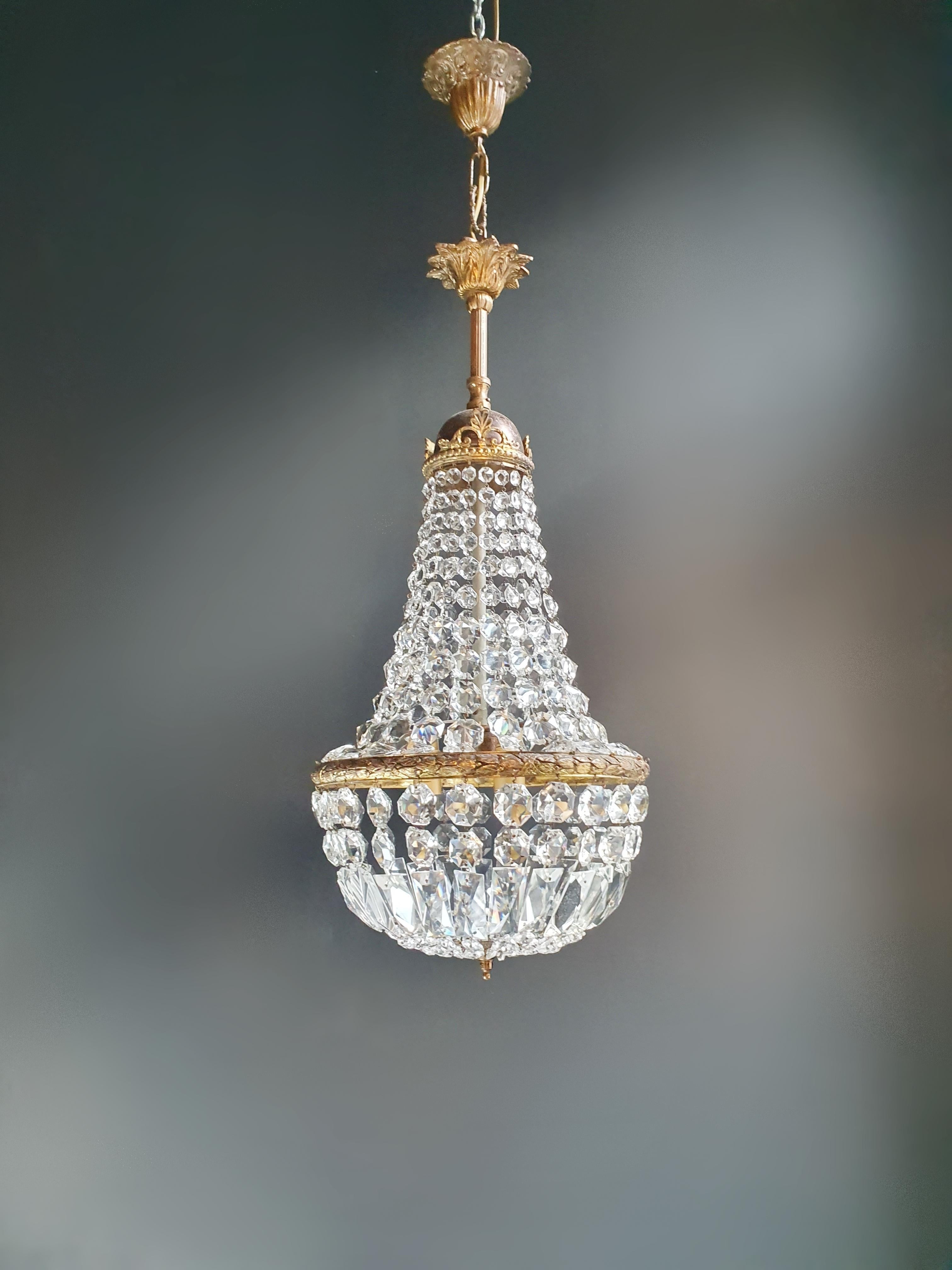 European Fine Brass Empire Sac a Pearl Chandelier Crystal Lustre Ceiling Basket Antique