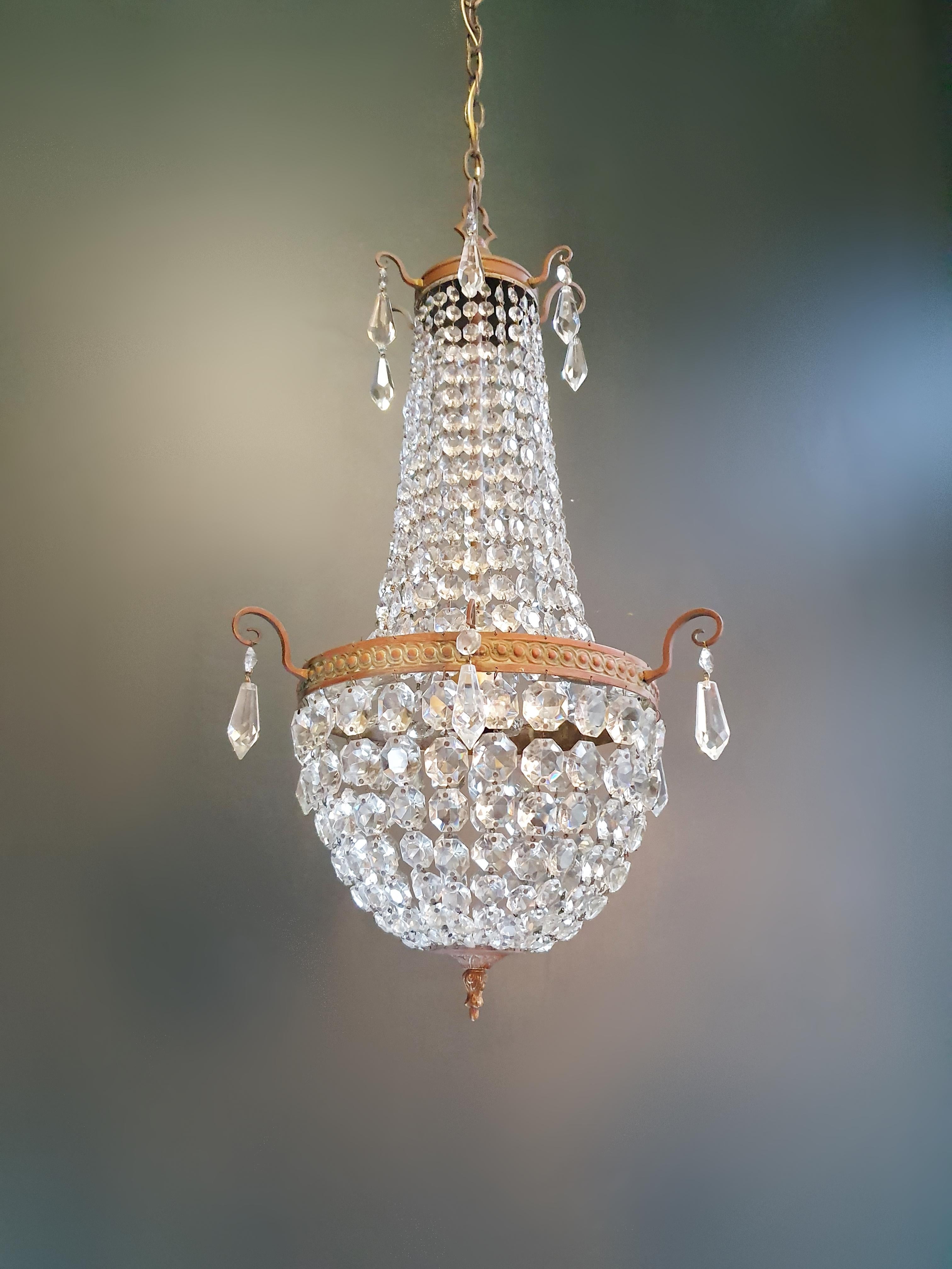 Mid-20th Century Fine Brass Empire Sac a Pearl Chandelier Crystal Lustre Ceiling Lamp Antique