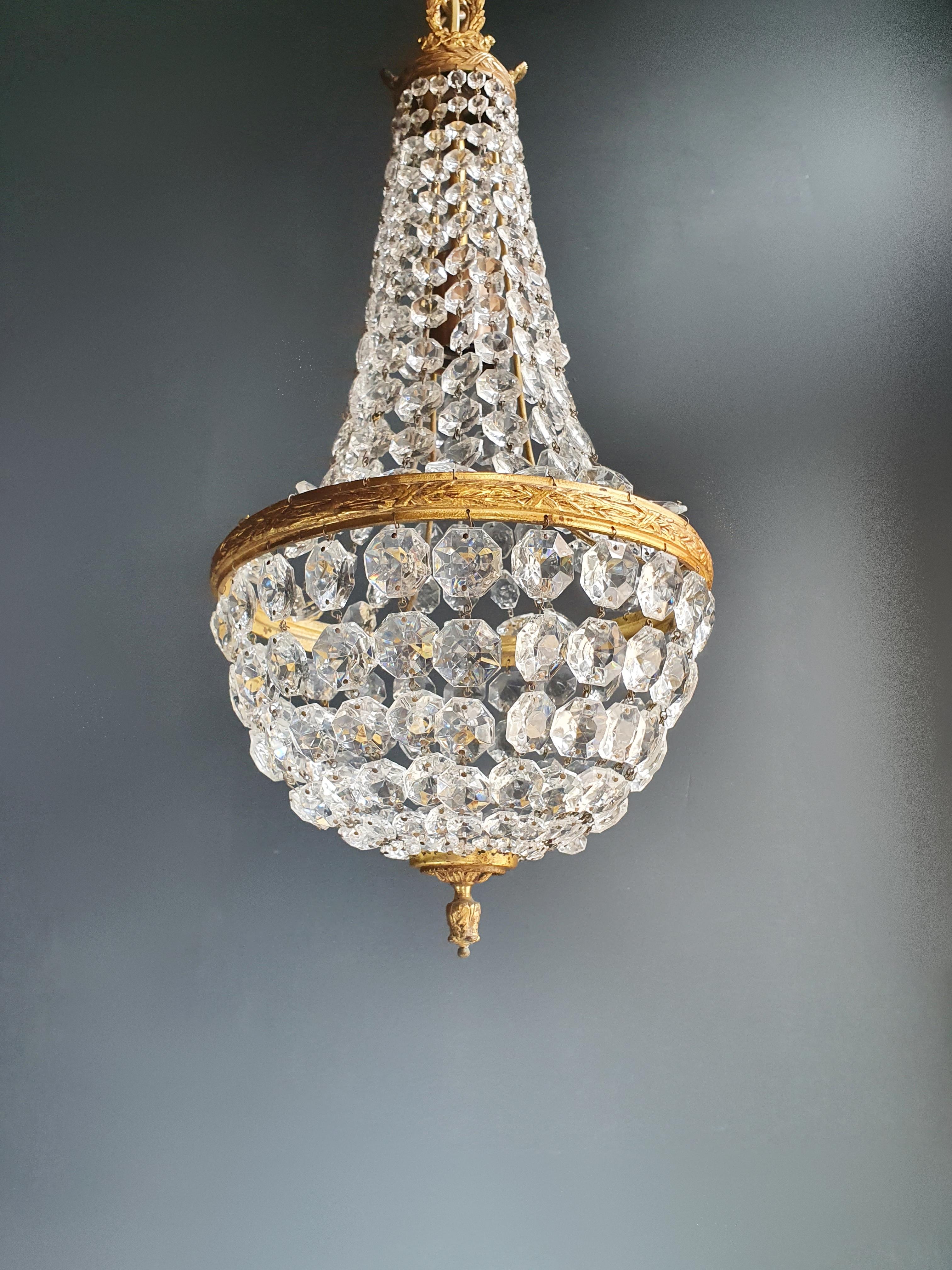 Mid-20th Century Fine Brass Empire Sac a Pearl Chandelier Crystal Lustre Ceiling Lamp Antique